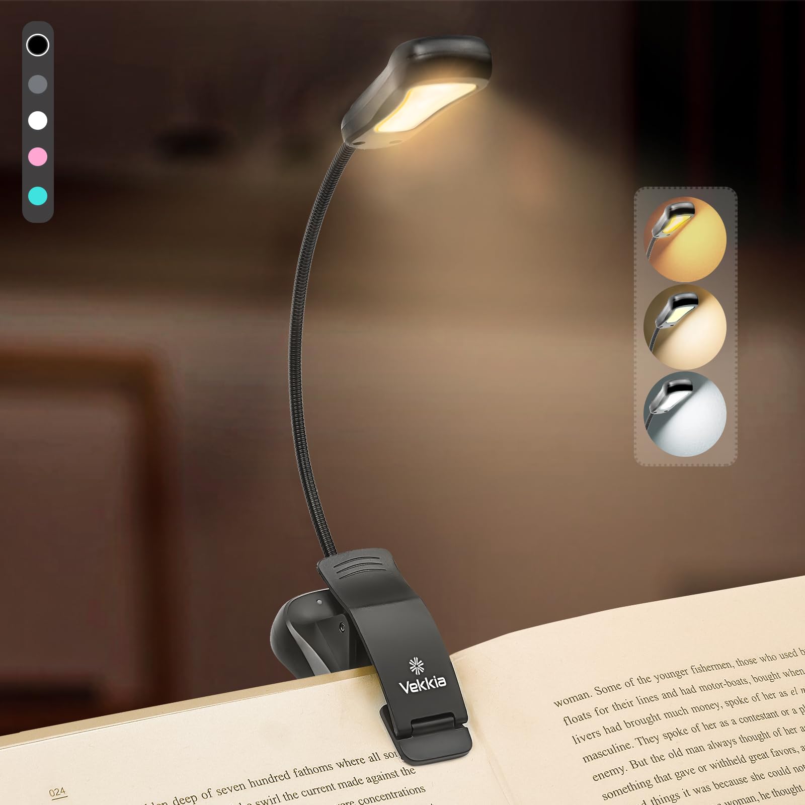 Vekkia Rechargeable Book Light, 3 Color Temperatures, 3 Brightness Levels, Up to 70 Hours, Model BK-03-BL, Black