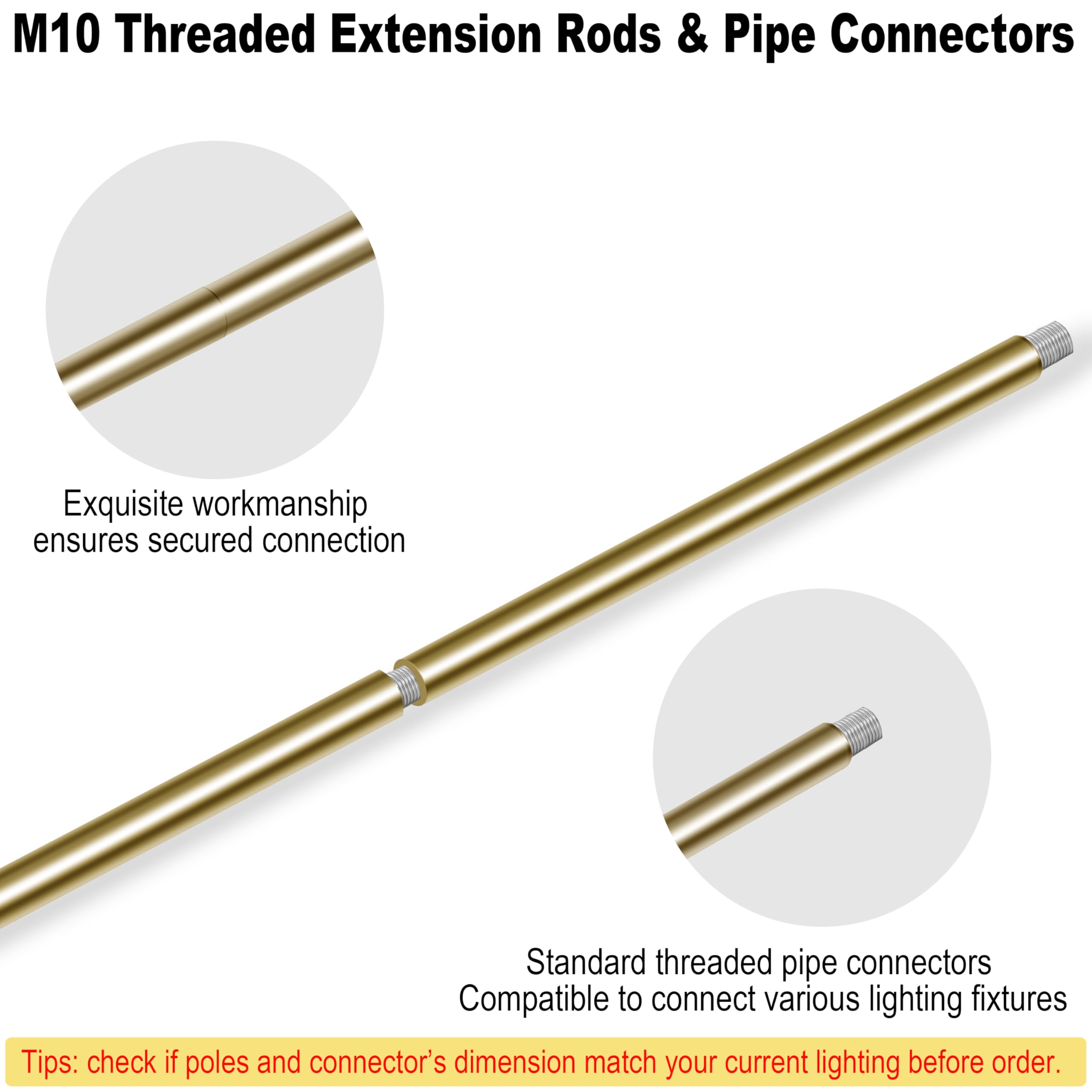 MAYOMAJO 8-Piece M10 Threaded Extension Poles & Sloped Ceiling Adapter Kit, Brass, Model EXD-4+4 for Pendant Lights & Chandeliers