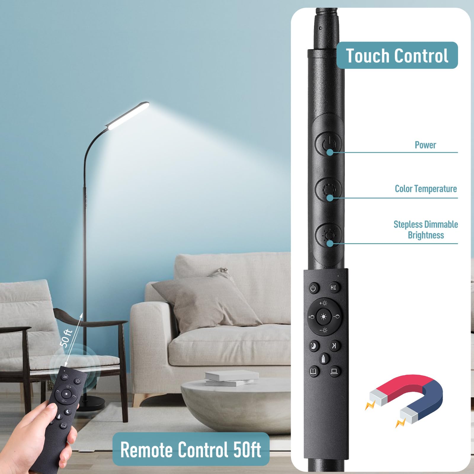 marctronic Remote Control 18W LED Gooseneck Floor Lamp - 49ft Control, Memory & Timer Function