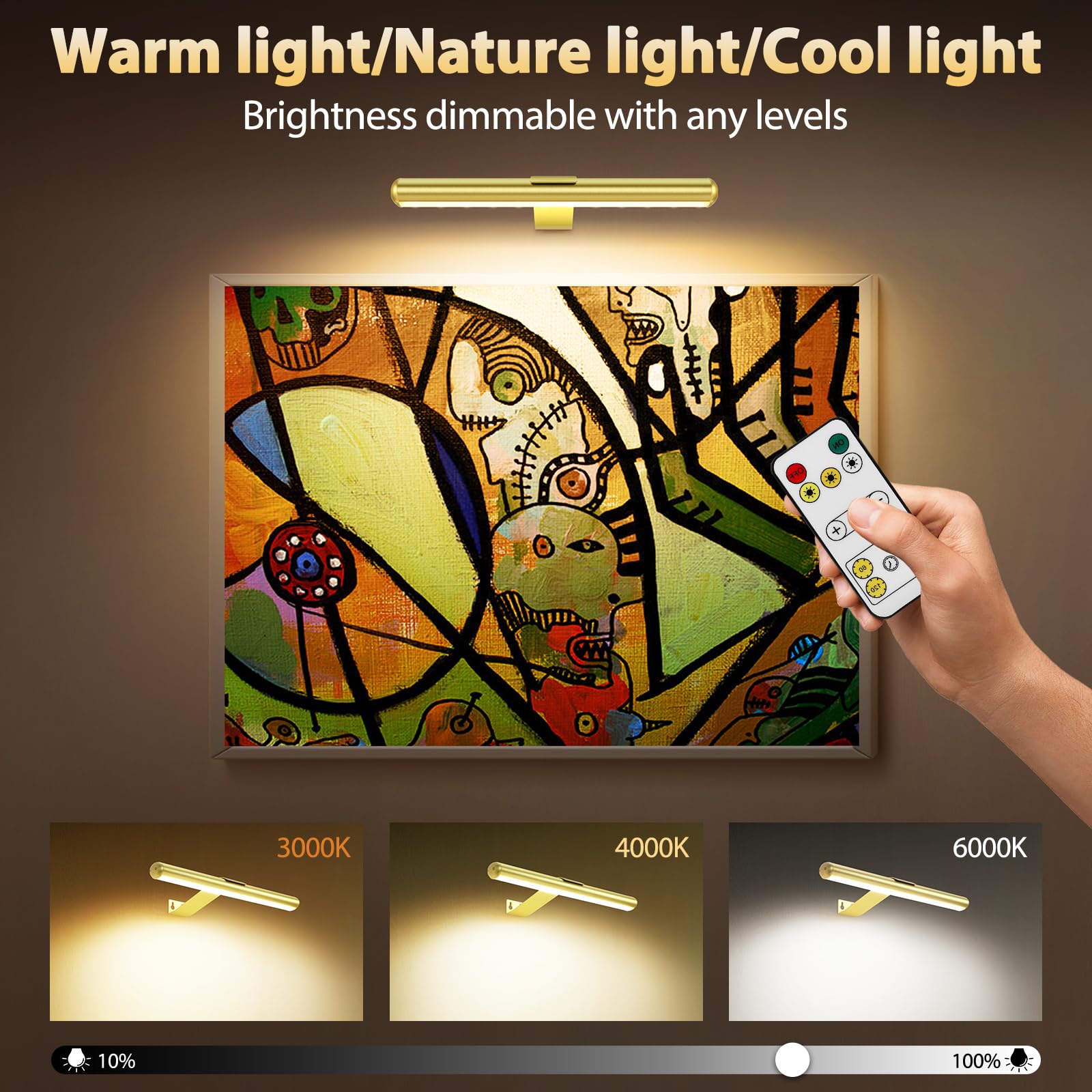 Tintindoc 22'' Picture Light Gold For Painting With 3 Lighting,Rechargeable Wall Art Light For Painting Brightness Dimmable,Batt