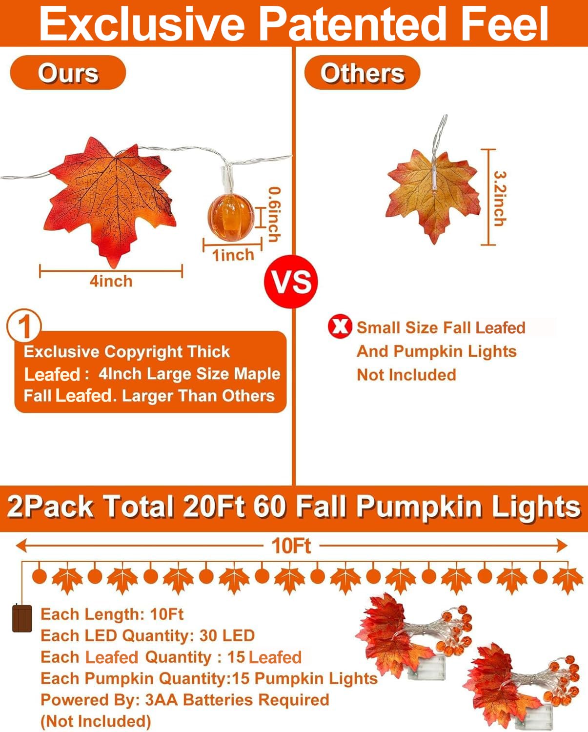 2 Pack Fall Pumpkin Garland Lights Thanksgiving Decorations For Home 60 Led 20 Ft Enlarged Maple Leafed String Light Pumpkins Lights Waterproof Battery Operated Thanksgiving Fall Autumn Indoor Outdoor