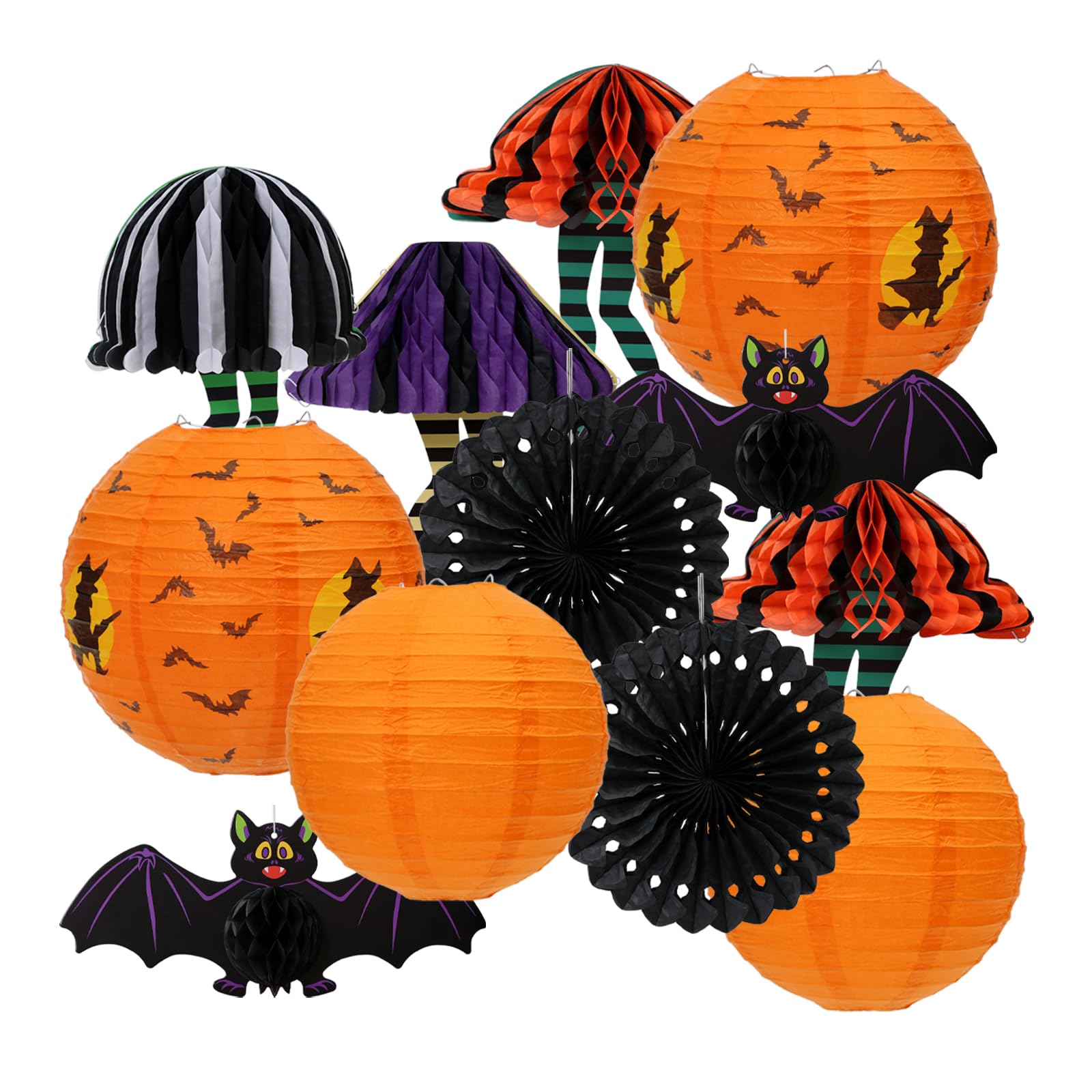 UNIQOOO Halloween Paper Lanterns, 12 Pcs Witch Bat Design, Metal, 8in-12in, Orange Black Purple