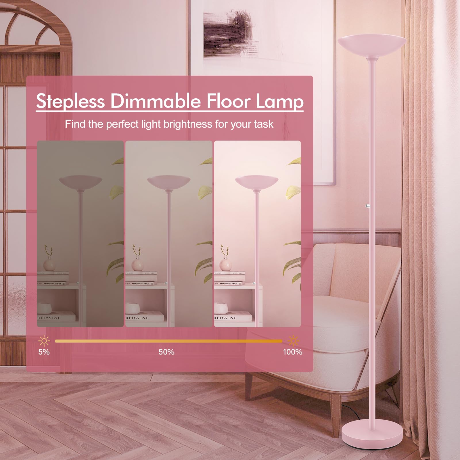 Boostarea Torchiere Floor Lamp Pink, 30W Super Bright Led Standing Lamp, 3000K Stepless Dimmable Pole Lamp With Rotary Switch, 7