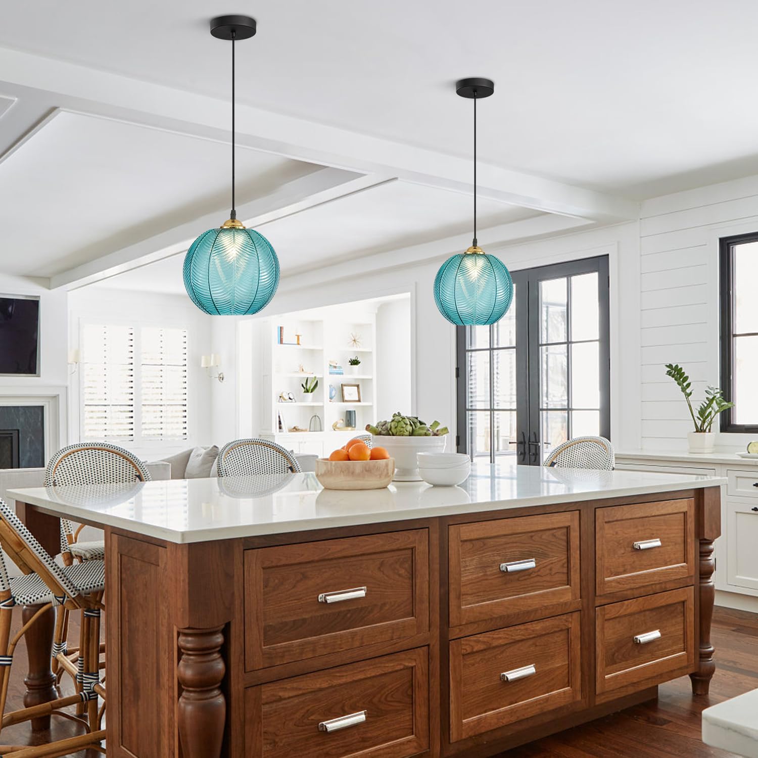 KCO Blue Glass Pendant Light - Mid Century Modern Design, Large Globe, Adjustable Cord, Model L1146-B