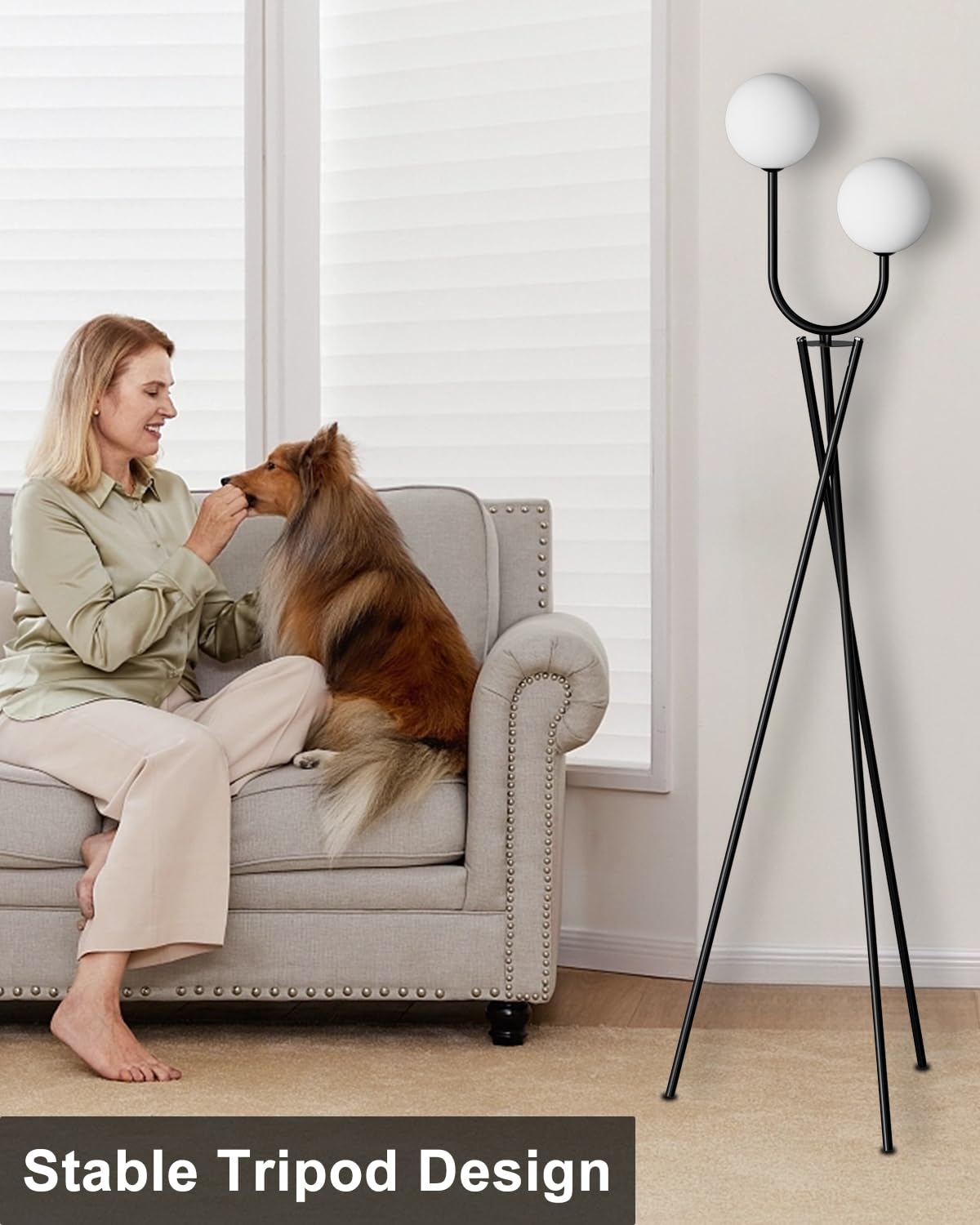 Lightdot Dimmable Black Tripod Floor Lamp, 3 Globe 3000K Bulbs, Modern Mid Century Design