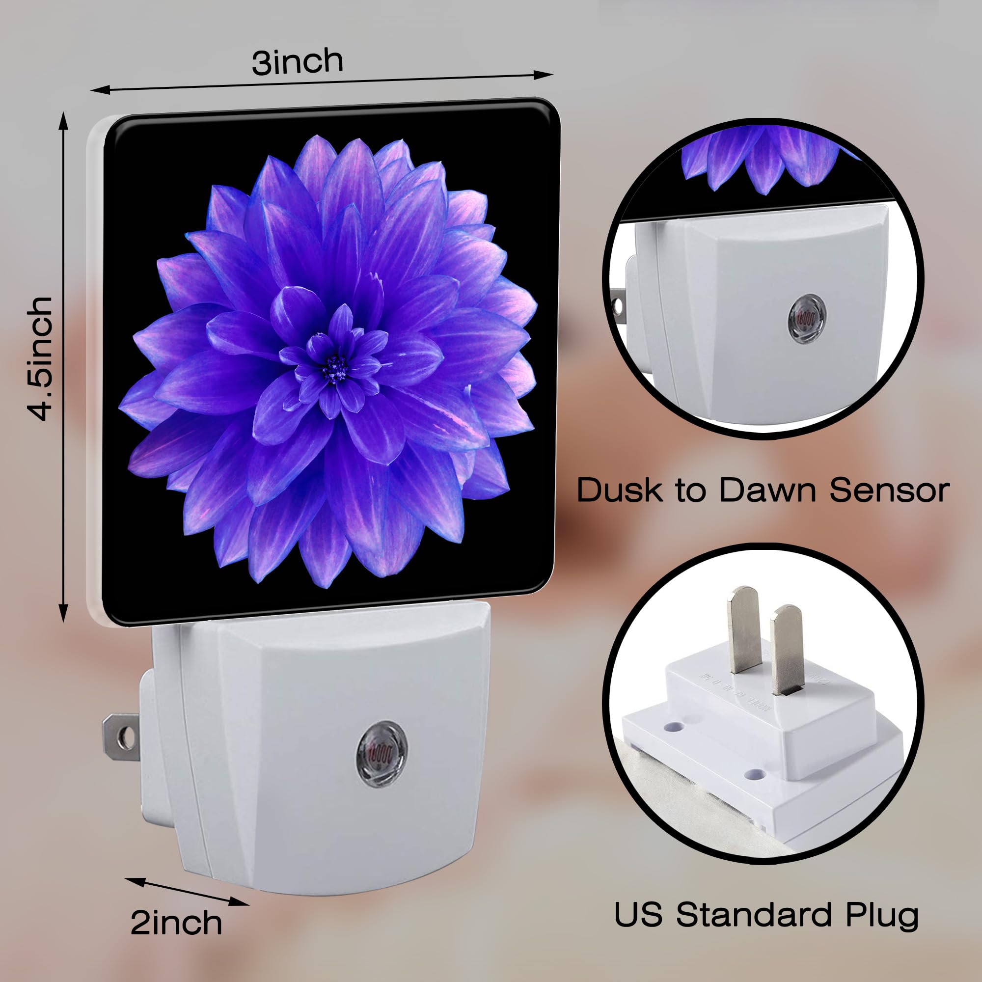 sndheke Purple Dahlia Night Light, Plug-in with Dusk to Dawn Sensor, 0.5W Energy Saving, Floral Design, Model SBD04, Color13