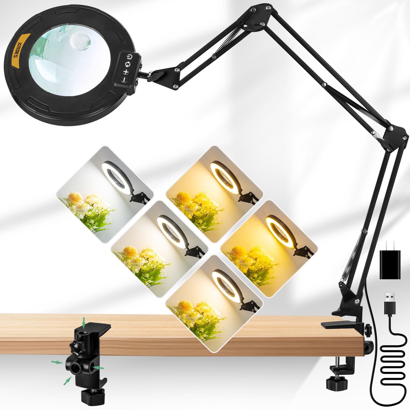 Kmdes 12X & 30X Magnifying Glass With Light, Ultra Long 3 Section Swing Arm Led Desk Lamp With Large Clamp, 5 Color And Brightne