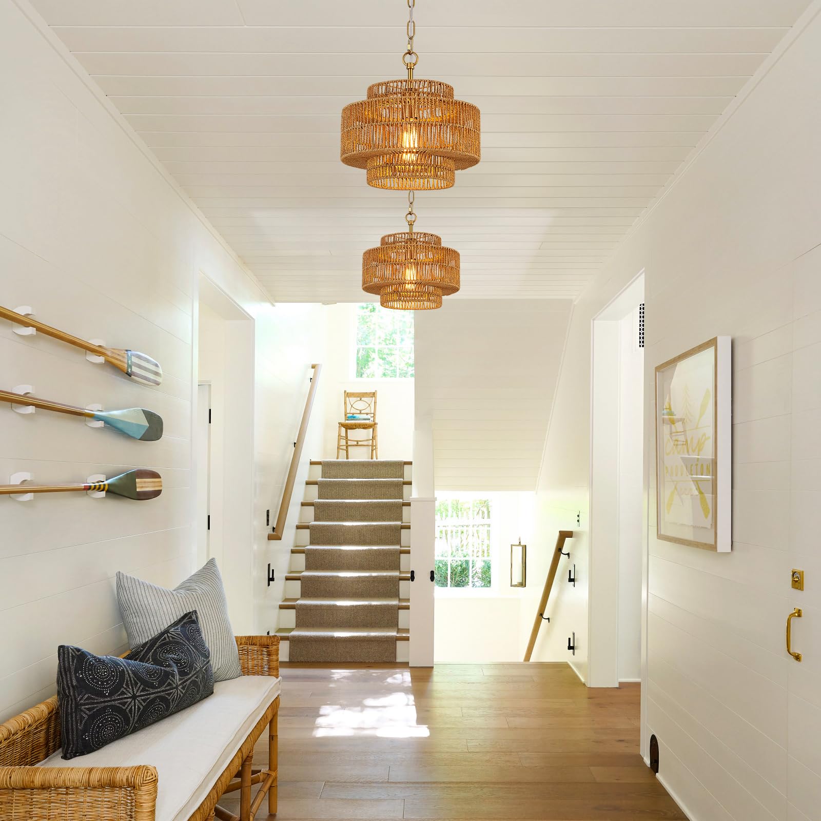 Tunkayli 12.6 Rattan Pendant Light Fixture Vintage Farmhouse Hand-Woven Boho Bamboo Pendant Lighting Mini Drum Wicker Golden Chandelier For Kitchen Island  Bedroom  Dining Room  Entryway  Foyer