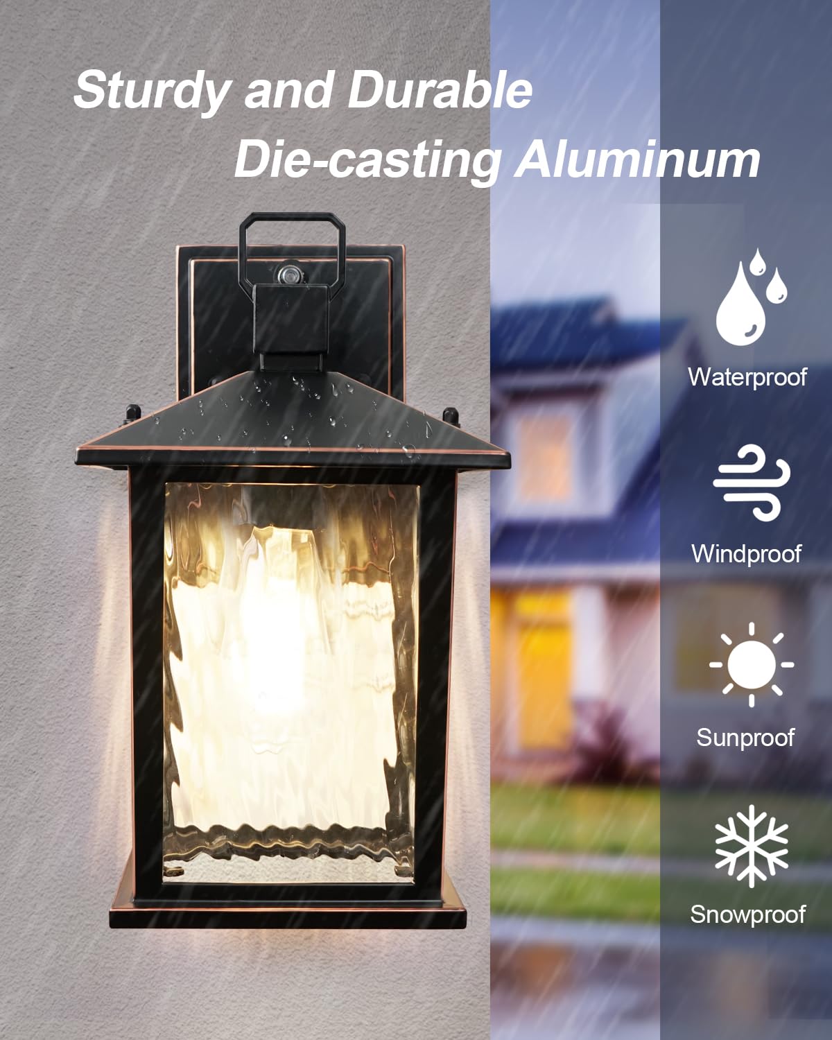 ZILLSEA Dusk to Dawn Outdoor Wall Light, 12'' Oil Rubbed Bronze Sconce with Water Ripple Glass, Hardwired Aluminum, Model A0501Q1