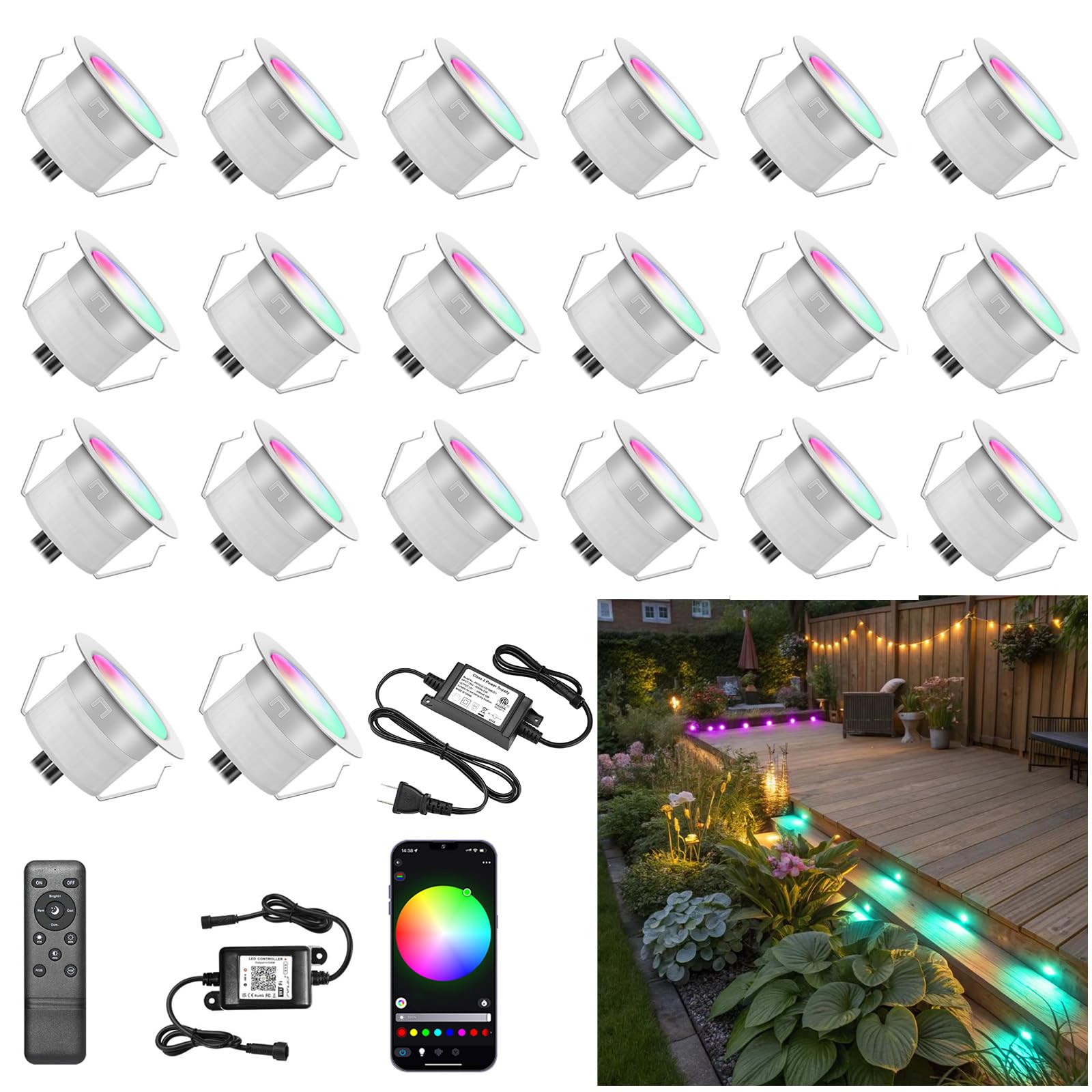 Sumaote Smart LED Deck Lights - 20 Pack, RGB Color, IP67 Waterproof, Low Voltage, Model D31