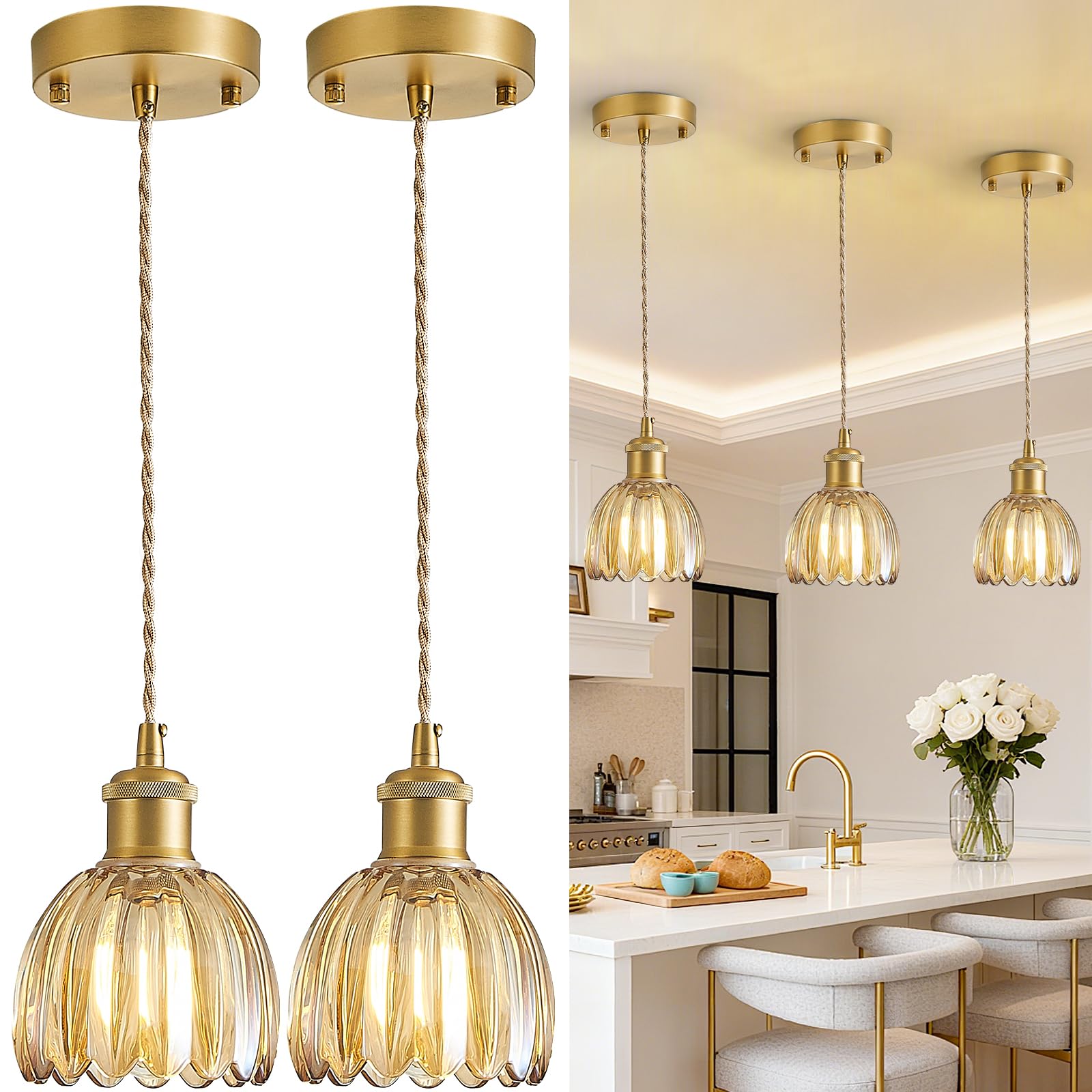 DIKAIDA Pendant Lights for Kitchen Island, Vintage Pendant Light Fixture with Amber Tulip Glass Shade, Island Pendant Lights Adj