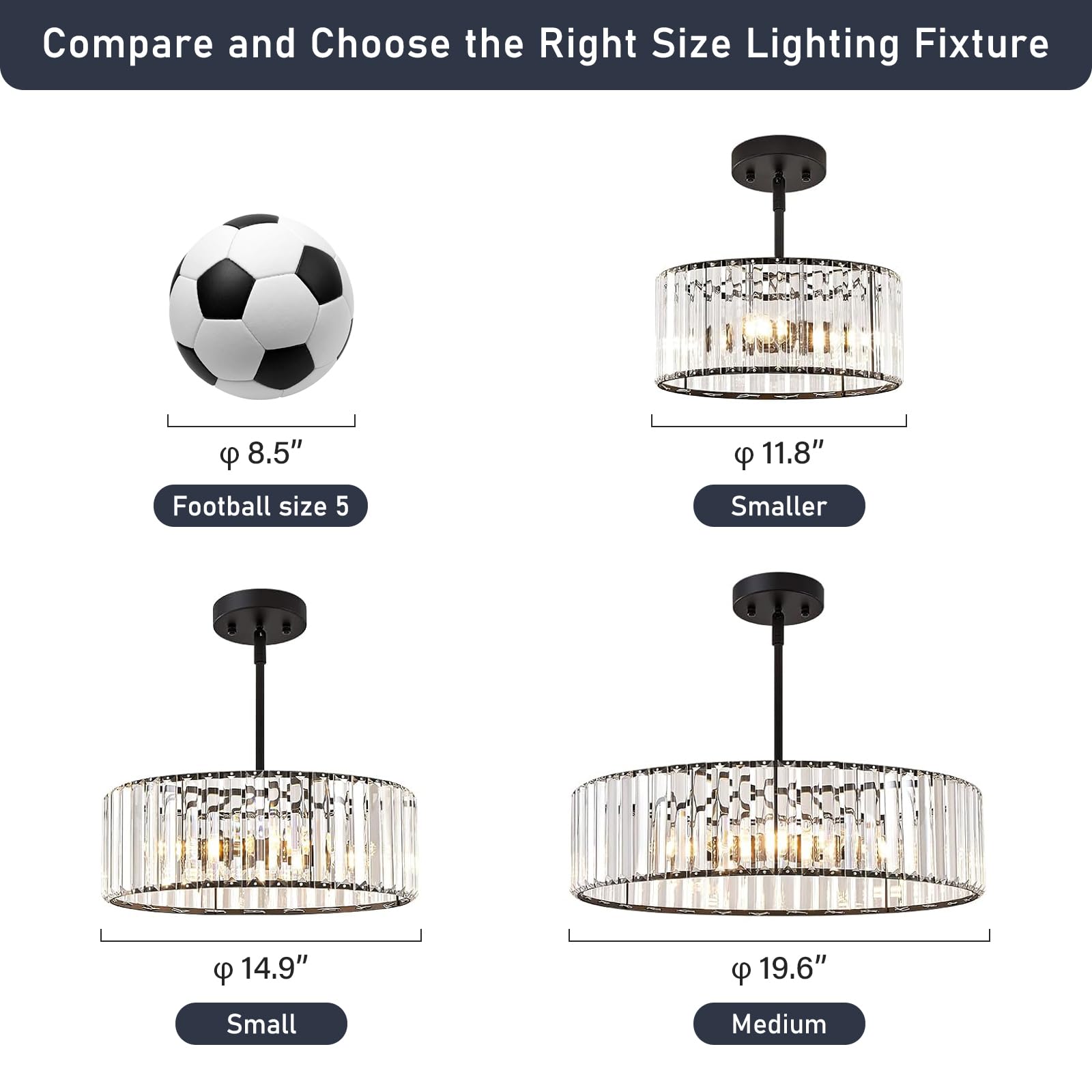 Yurnyq Black Crystal Chandelier, Small Modern Semi Flush Mount Ceiling Chandelier Light Fixtures, Round Hanging Lighting Fixture