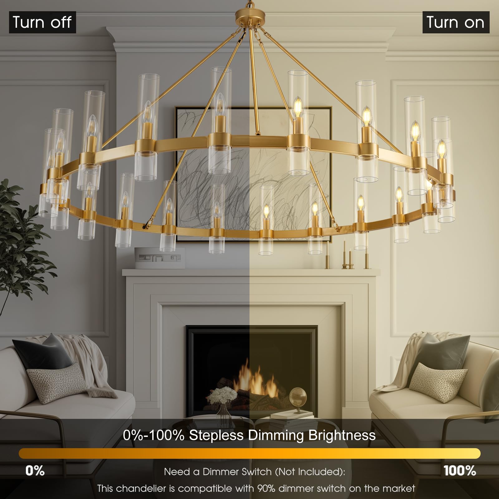 Gold Wagon Wheel Chandelier, 60 Inch Chandeliers With Glass Shade, 20 Light Chandelier For High Ceiling, Modern Farmhouse Chande
