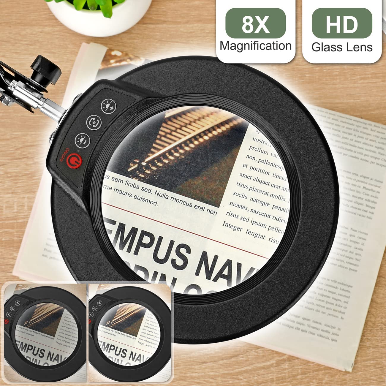 Krstlv 8X Magnifying Glass With Light And Stand, Upgrade Button 5 Color Modes Stepless Dimmable, 2-In-1 Led Lighted Magnifier Light, Hands Free Desk Lamp With Clamp For Craft Hobby Reading Close Work