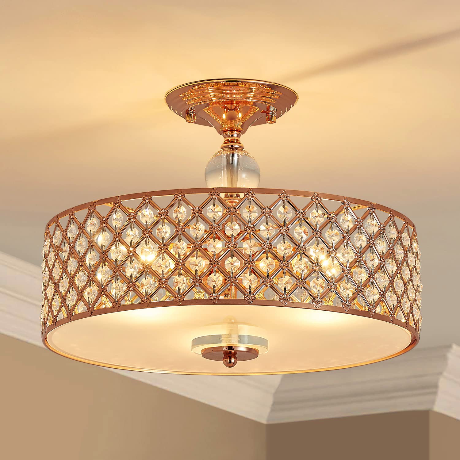 SM Saint Mossi 3-Light Semi Flush Mount Chandelier, Modern K9 Crystal, Rose Gold Finish, H11 x D15.4, Model SM-DY-22021-CA