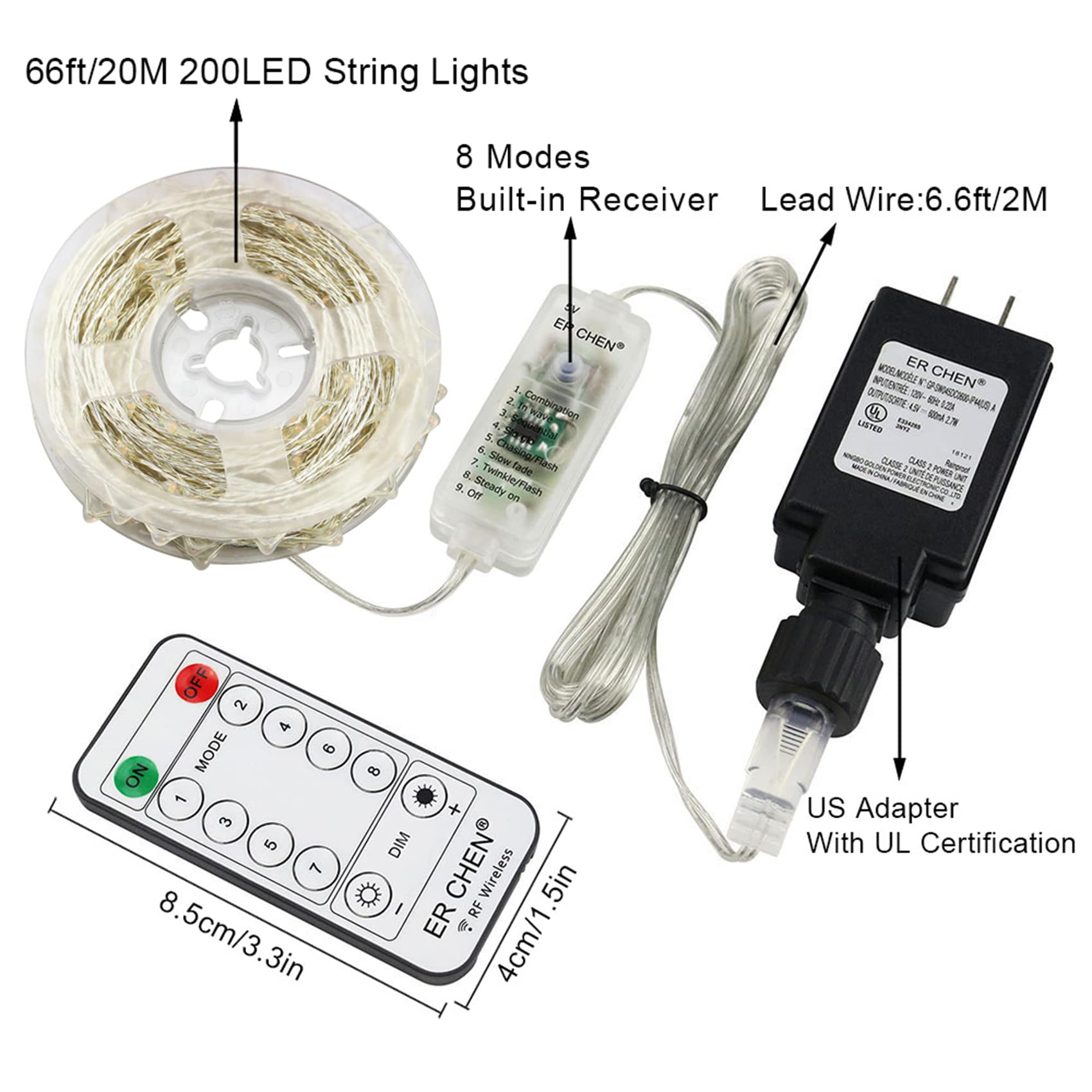 Er Chen Dimmable Fairy Lights Plug In, 66Ft 200 Led String Lights With Spool To Avoid Tangled, Waterproof Silvery Copper Wire Re