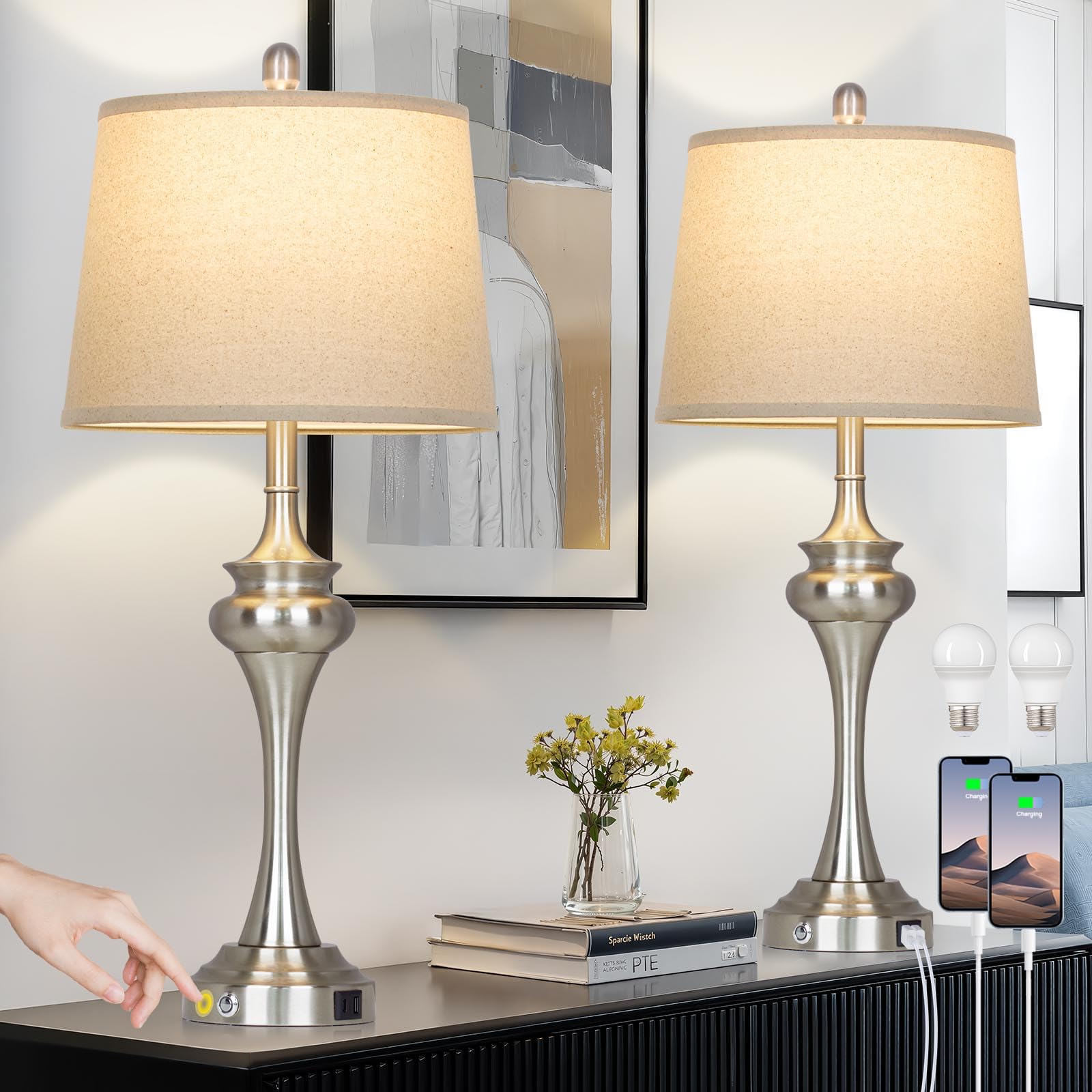 Rinweey 30 Silver Table Lamps Set of 2  3 Way Touch Control Living Room Lamp with USB A+C Ports  Modern Brushed Nickel Bedroom Lamps  Tall Metal Bedside Lamp for Nightstand Desk Side Table Office