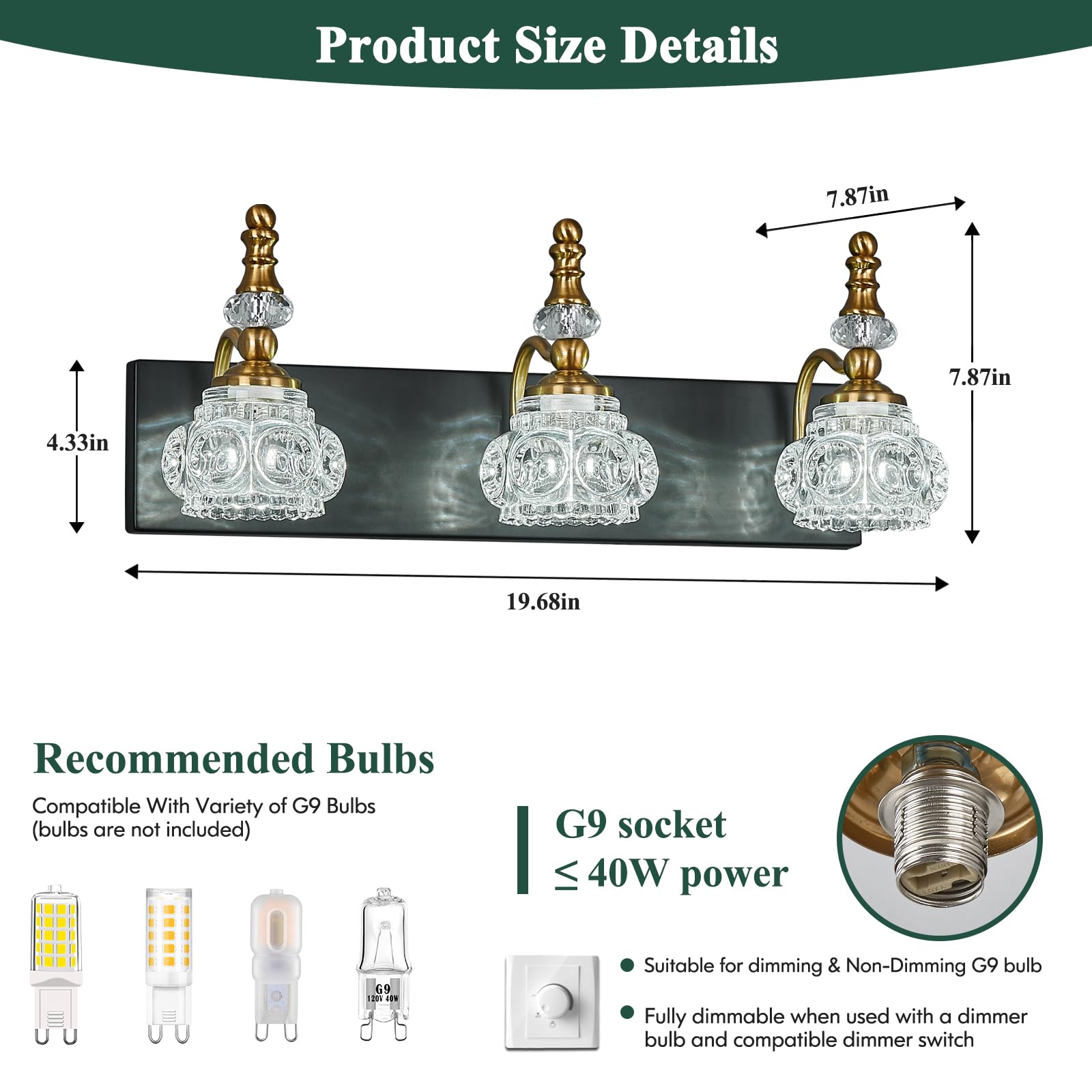 LBSQJ Modern Glass Crystal Bathroom Light Fixtures, 3-Light Vanity Light, Black Gold, Model 493