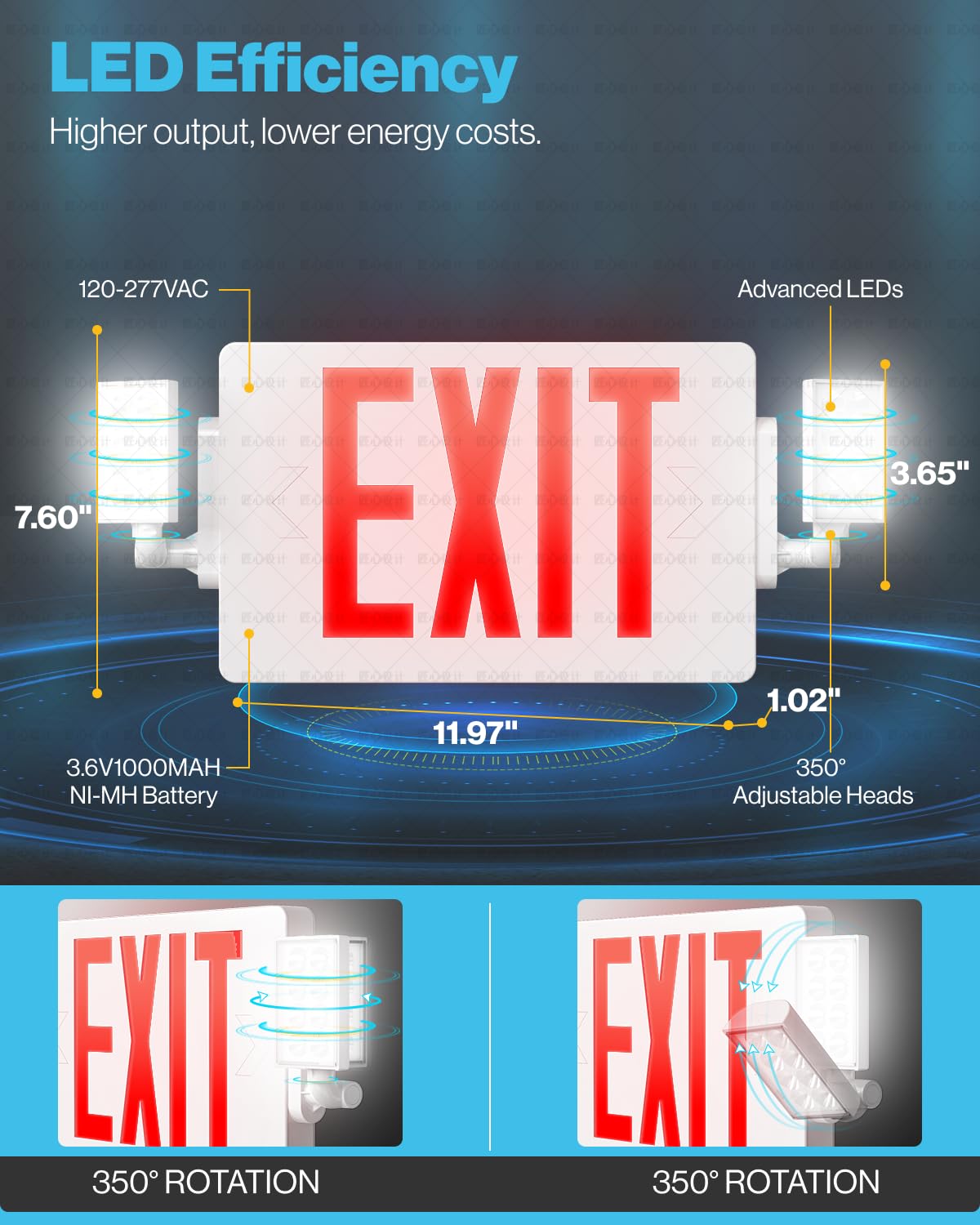 Sunco Exit Signs with Emergency Lights, Double Sided, 1 Pack, Red, 120-277V, Commercial Grade, Adjustable LED Lights