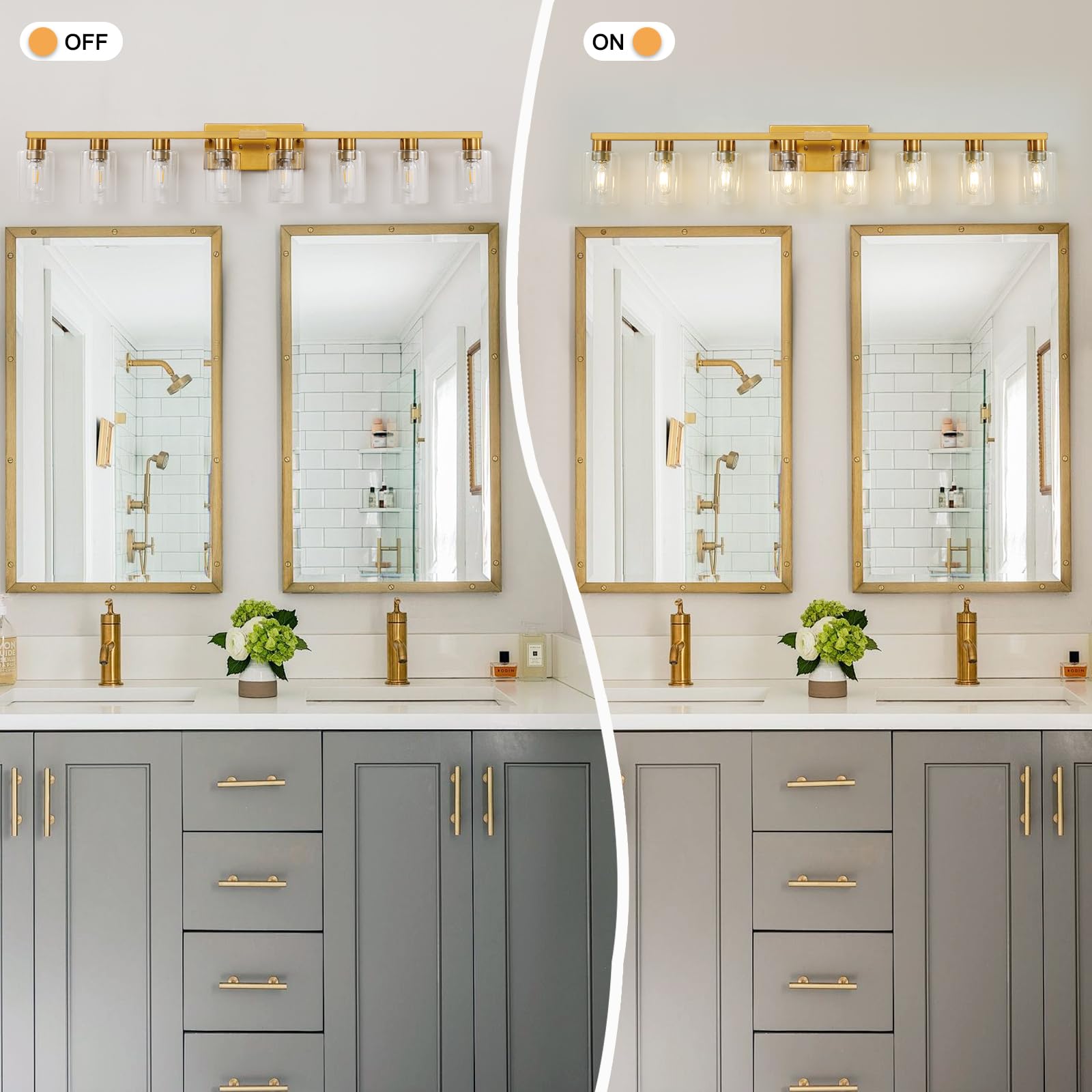 Hdasic 8 Light Gold Bathroom Light Fixtures  Modern Large Vanity Lights With Clear Glass Shade  Brushed Brass Bathroom Lighting Fixtures Over Mirror  Wall Scones Light For Bedroom  Living Room