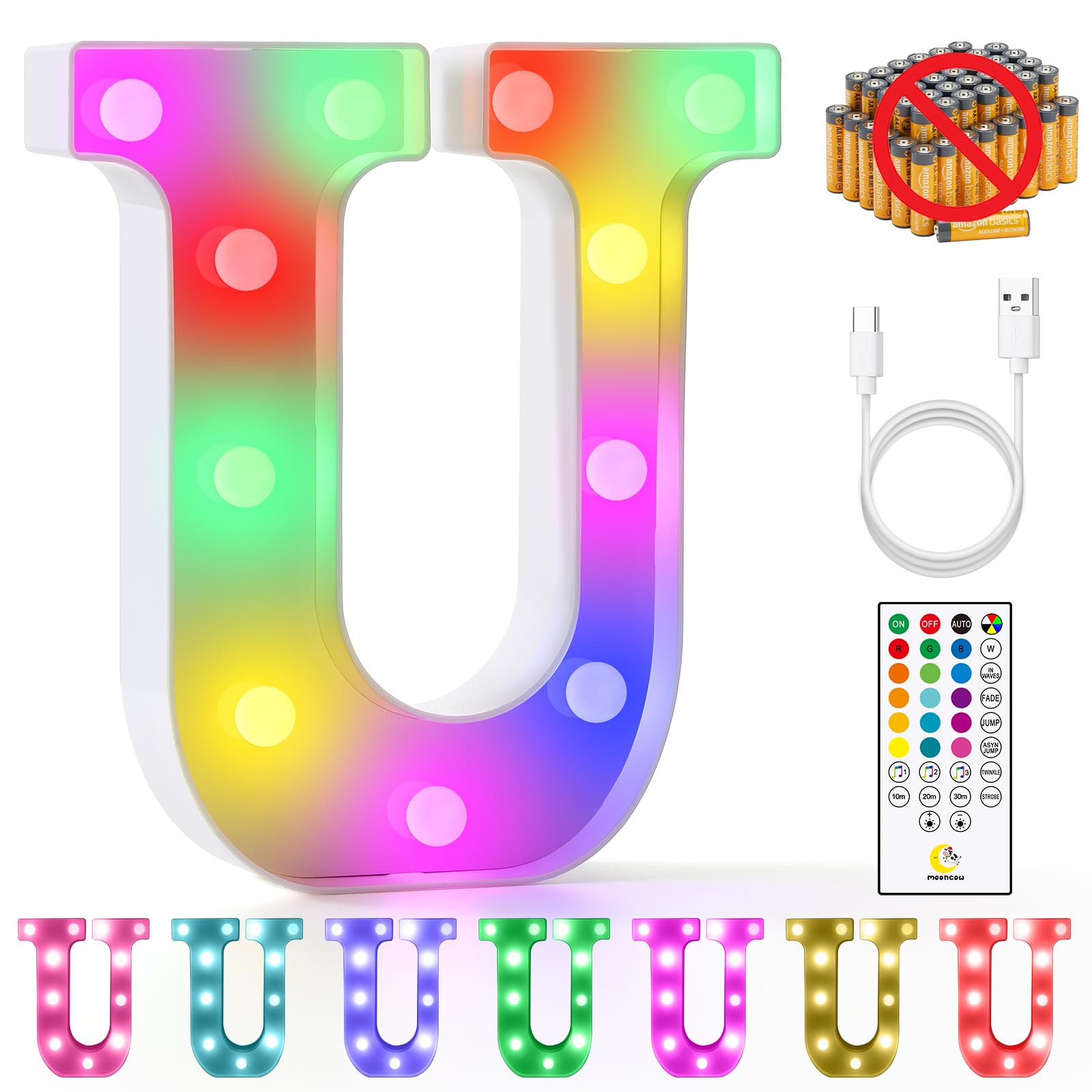 Mooncow Rechargeable Light Up Letters,Colorful Marquee Letters With Remote,Gift Wrap Gifts,Bedroom Home Bar Party Decor (U)