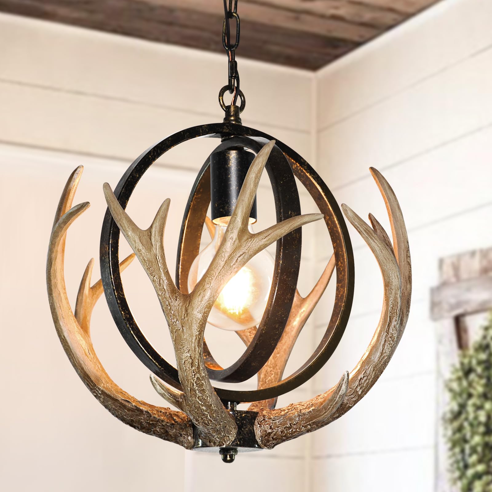 Debemenes Rustic Antler Chandelier, 14" Farmhouse Chandelier With Resin 4 Antlers And Retro Metal Globe Chandelier Vintage Style For Dining Room, Kitchen, Hallway, Pendant Lights