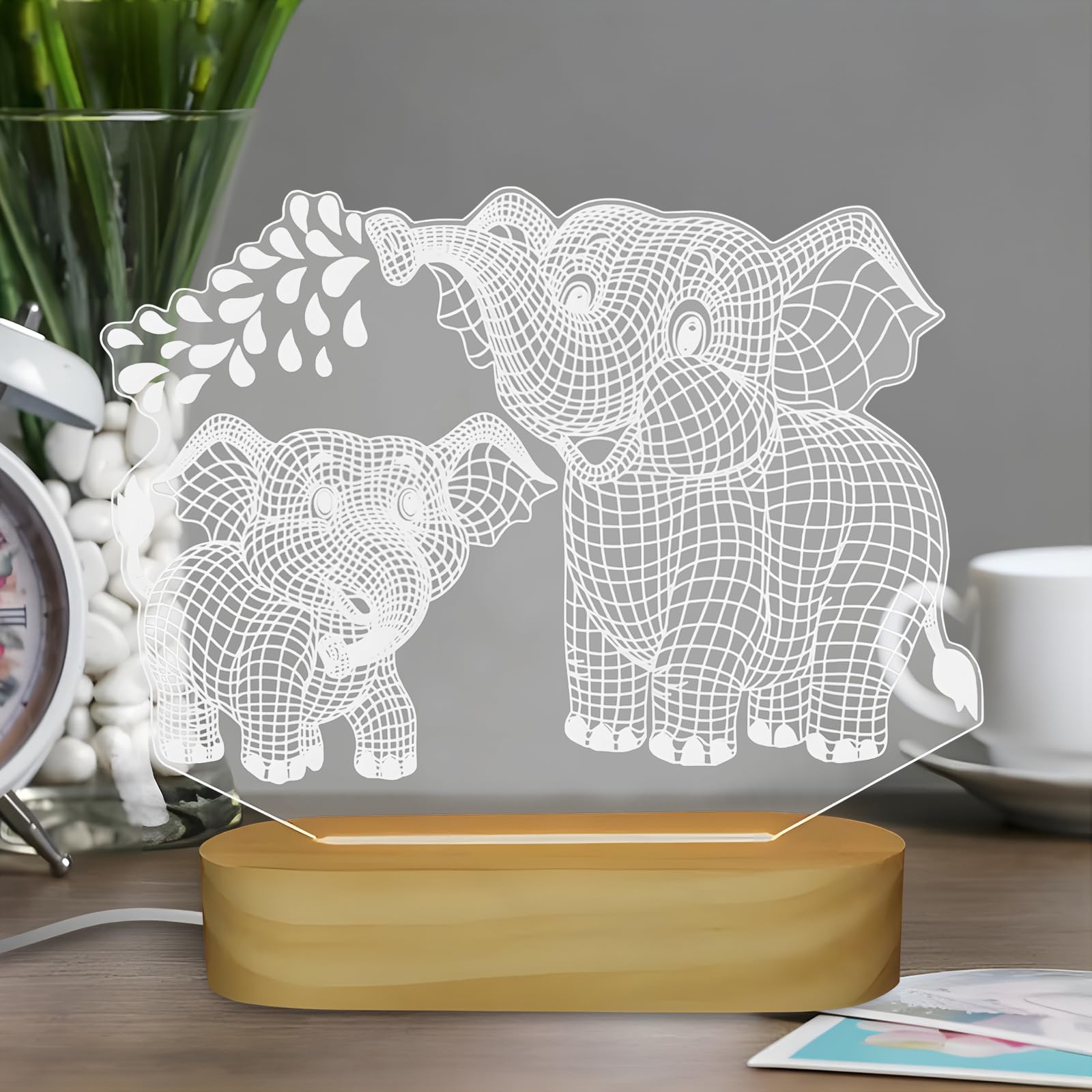 Hpydiy Elephant Shape 3D Crystal Acrylic Light Base With Wood Stand  Led Light For Kids Room Decor  Gift For Mom On Birthday Or Holiday  Home D?Cor Art Display
