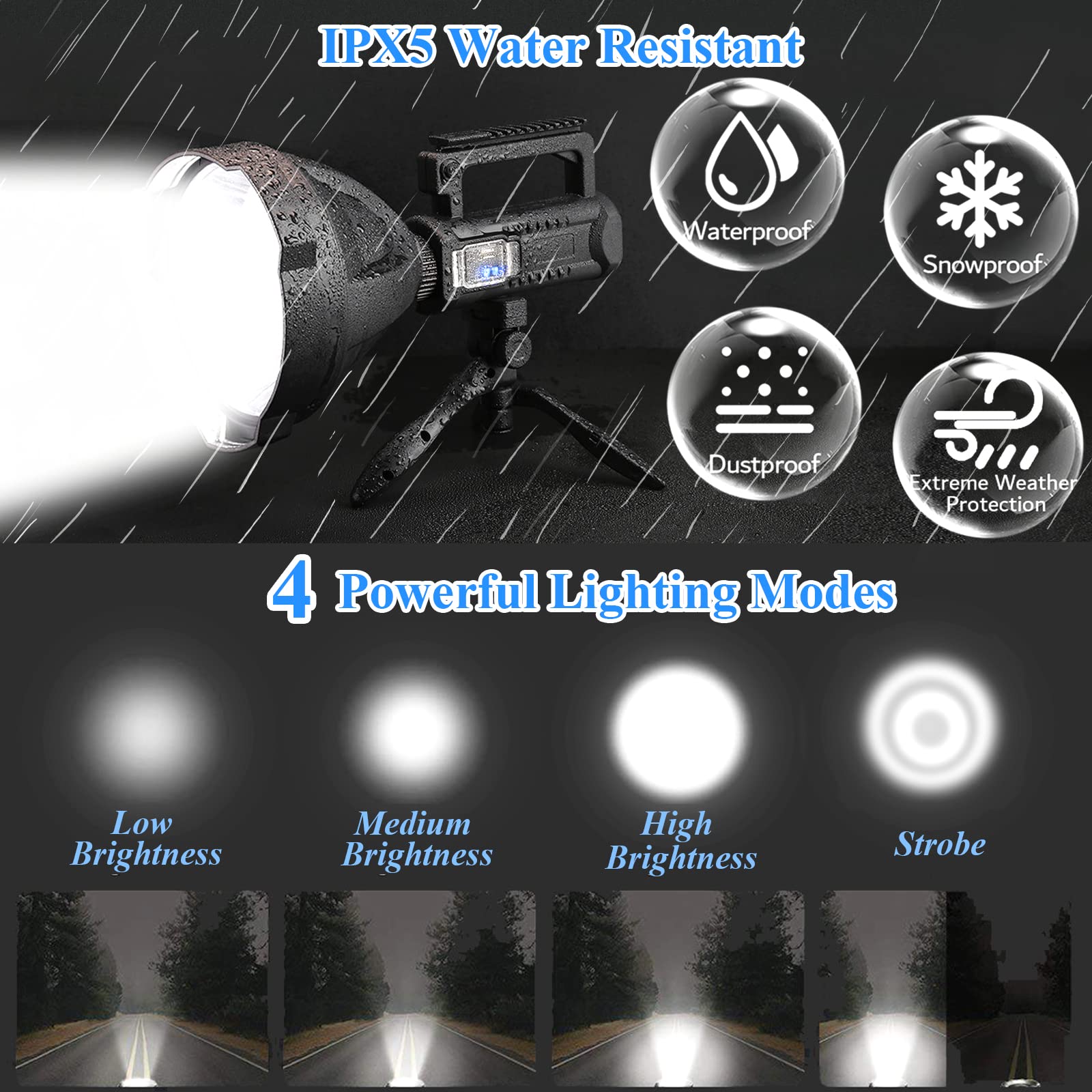 Sogidon Rechargeable Spotlight 2,000,000 Lumens LED Flashlight, IPX5 Waterproof, Large, Black, Model 01