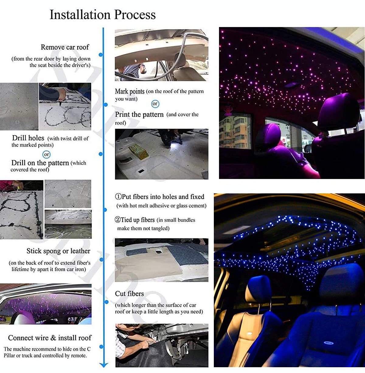 Azimom Car Use 6W Rgbw 150Pcs 0.03In 6.5Ft Fiber Optic Lights Starlight Ceiling Light Kit End Glow Optic Cable Music Mode App Remote Sensory Lighting Indoor Home Headliner Decoration