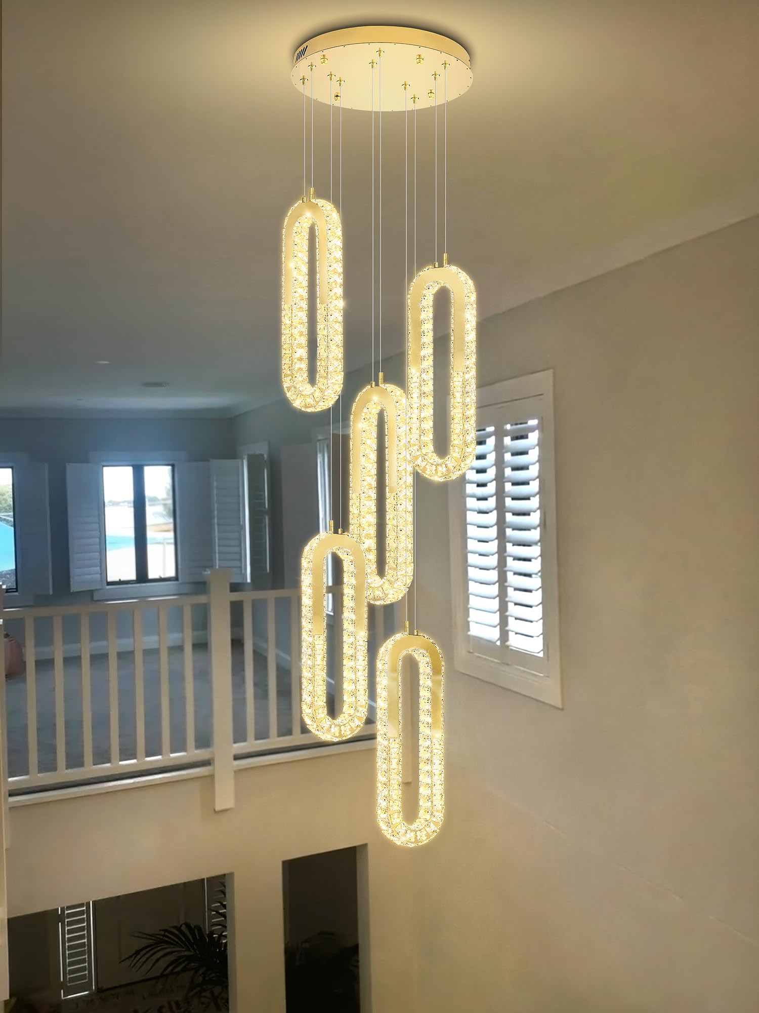 ykolupty 5-Lights Modern Crystal Chandelier for High Ceiling LED Dimmable Ring Pendant Chandeliers Stairwell Chandelier Lighting Gold