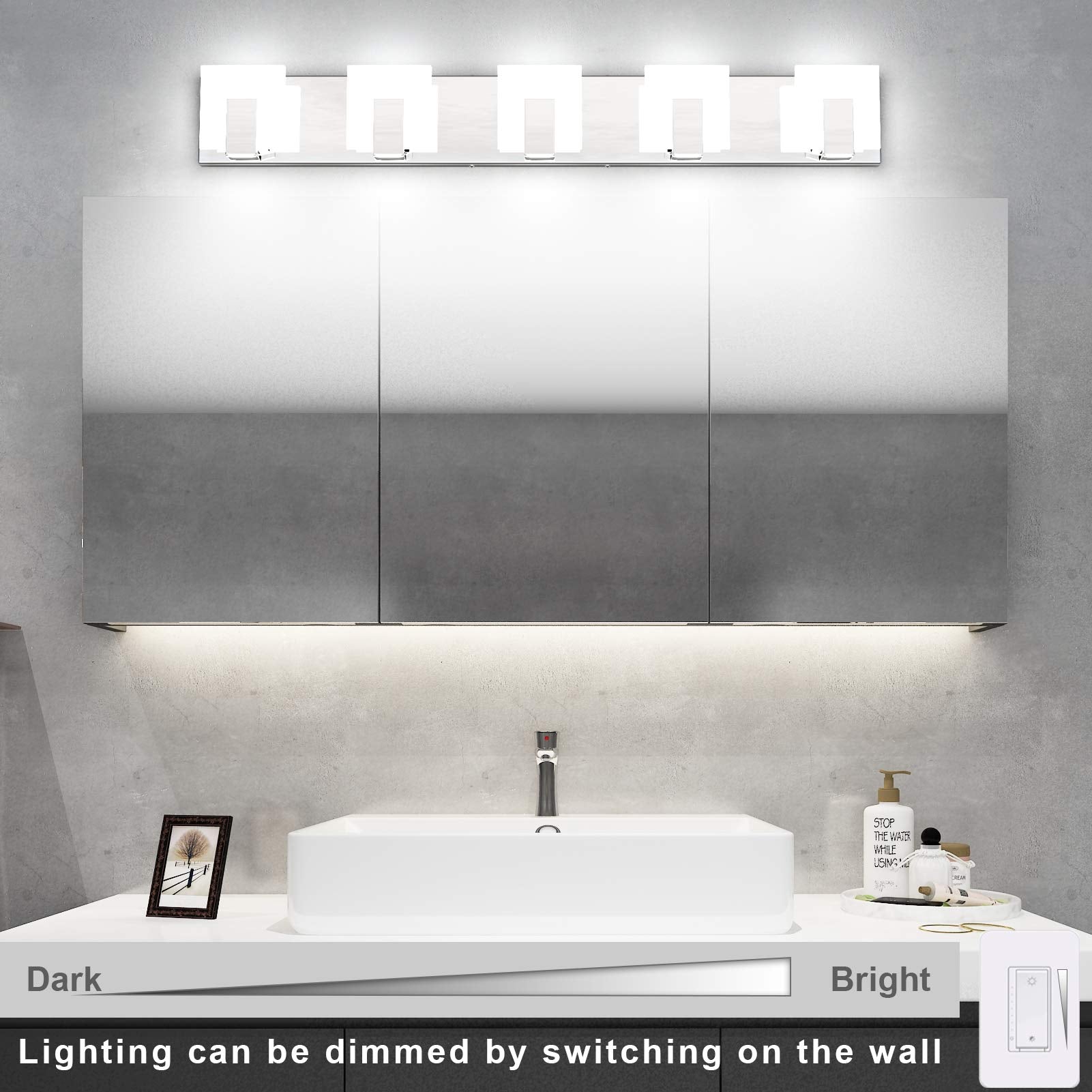 Aipsun Dimmable 5 Lights LED Bathroom Vanity Light Fixture - Chrome Stainless Steel, Model Ca-1105-5T-D, Over Mirror Lighting