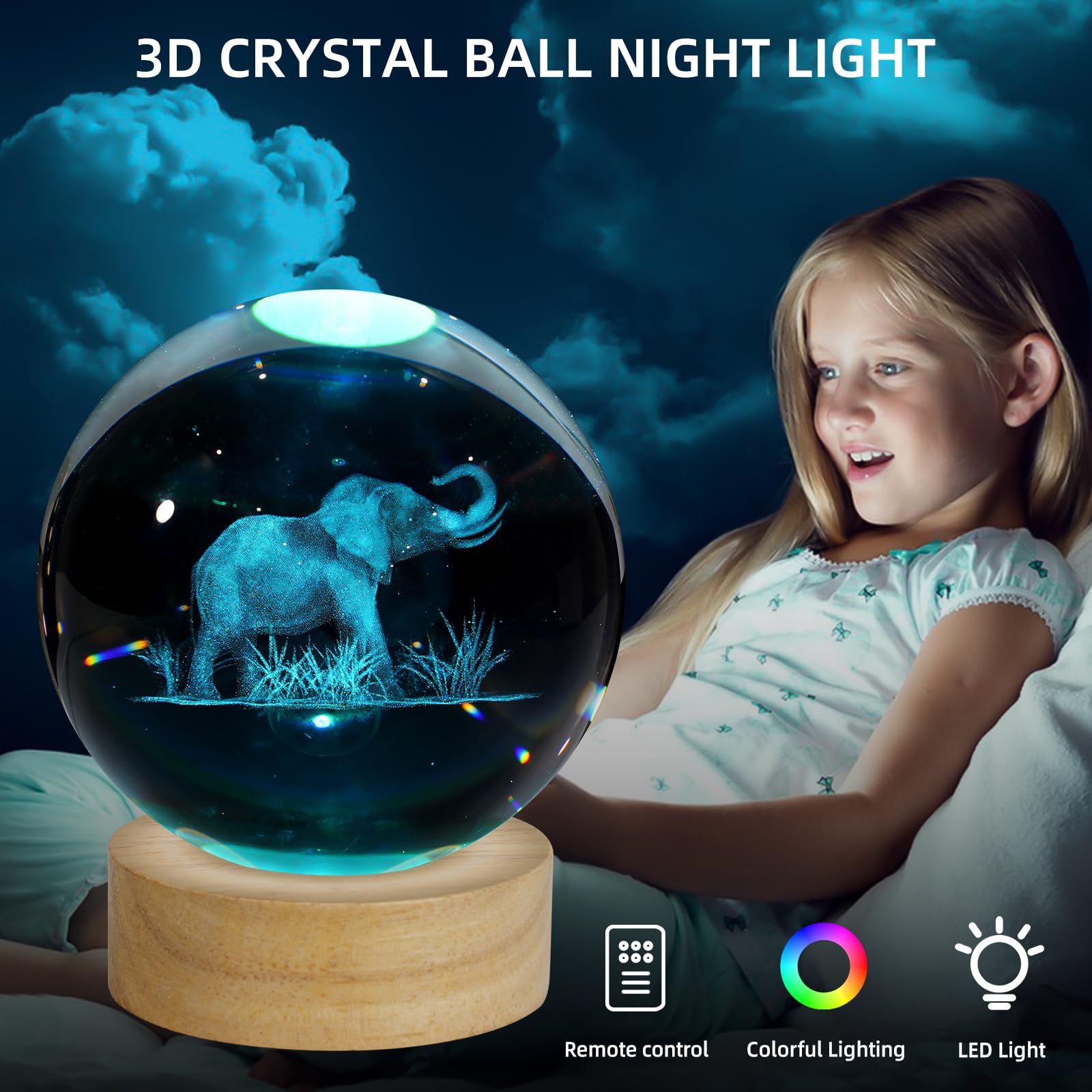 Zxblaq 3D Elephant Crystal Ball Night Light, Upgraded 3.15 Inch Glass Ball Lamp With 16 Color Led Wooden Base, Elephant Lamp Dec