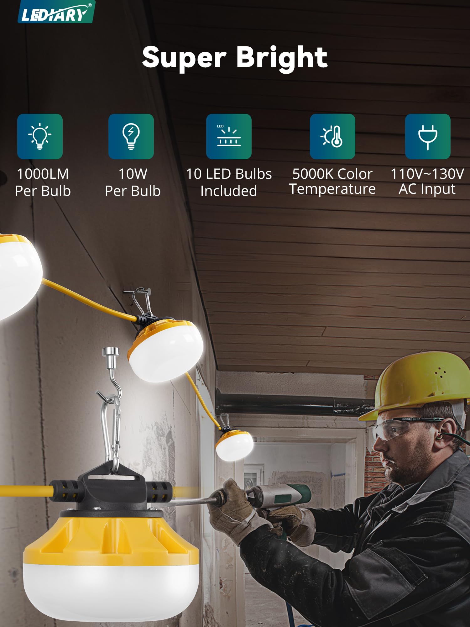 Lediary 100Ft Led Construction String Lights, 100W 10000Lm String Work Light, Linkable Temporary Lighting For Jobsite, Patio, Indoor, Outdoor-Etl Listed