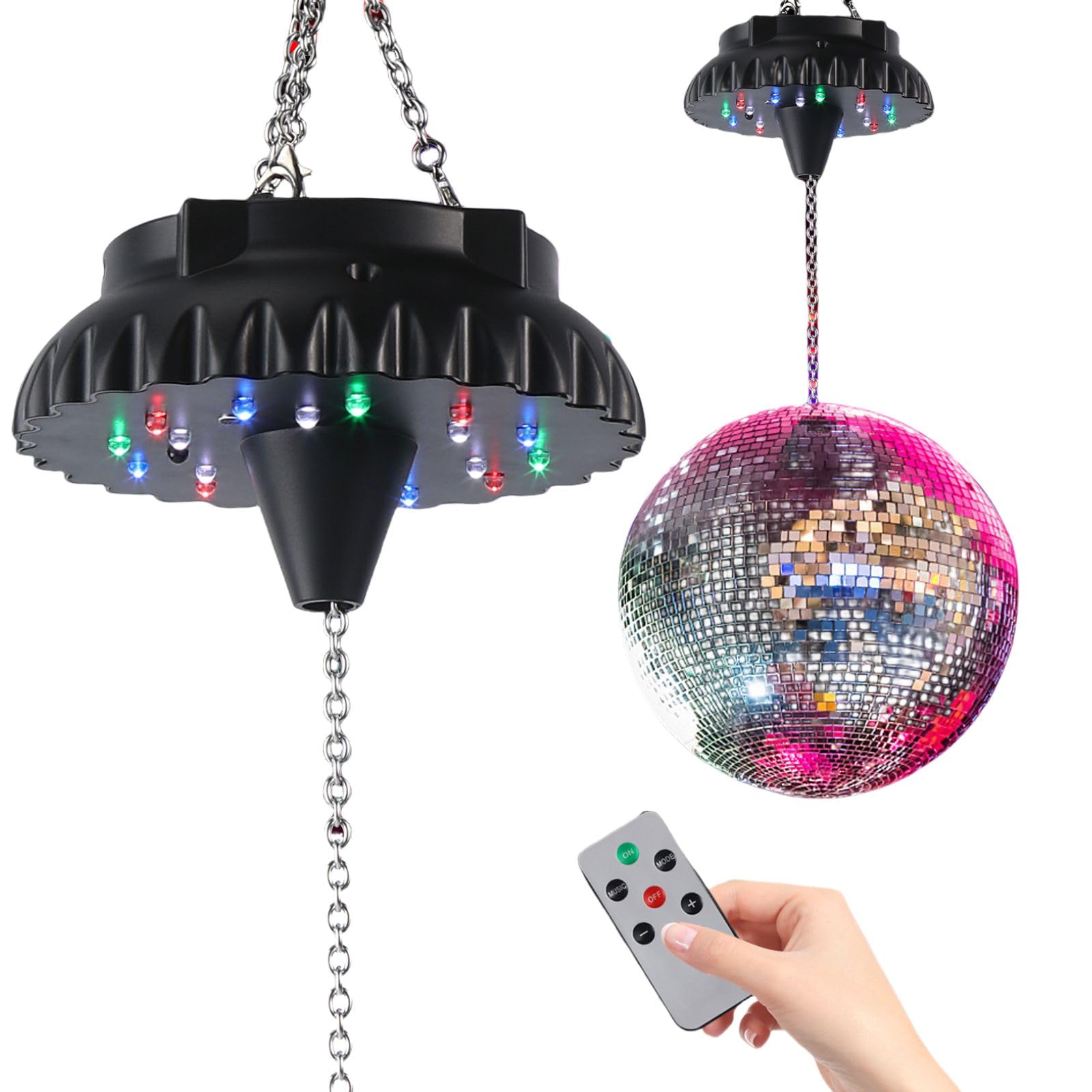 Disco Ball Motor Rotating With Light: Rechargeable Disco Ball Spinner With Remote Adjustable Speed - 18 Rgbw Led Light For Hanging Mirror Ball Wedding Party Decor