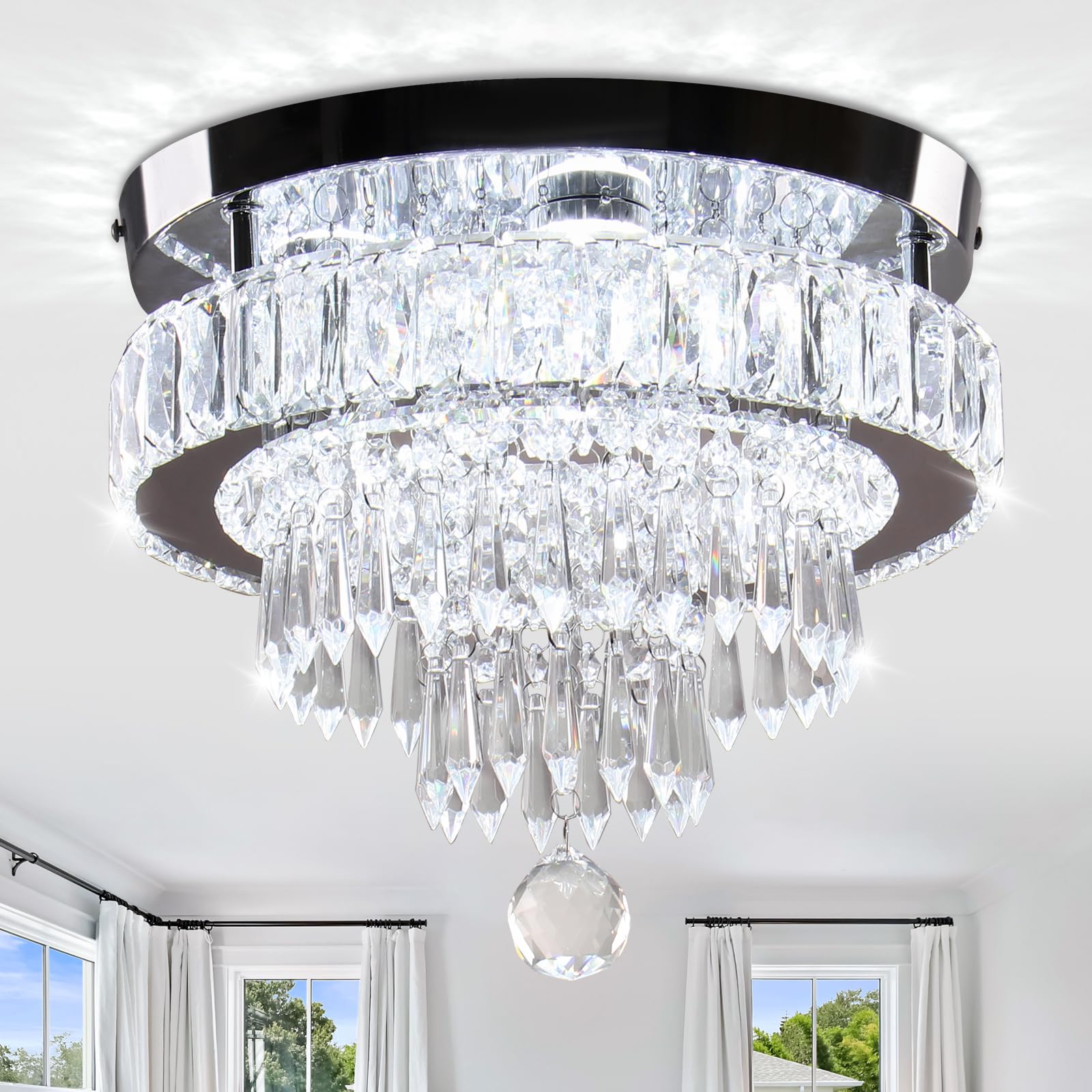 Modern Crystal Ceiling Chandeliers Dimmable LED Crystal Ceiling Light Fixtures 9.8 inch Stainless Steel Flush Mount Ceiling Lamp