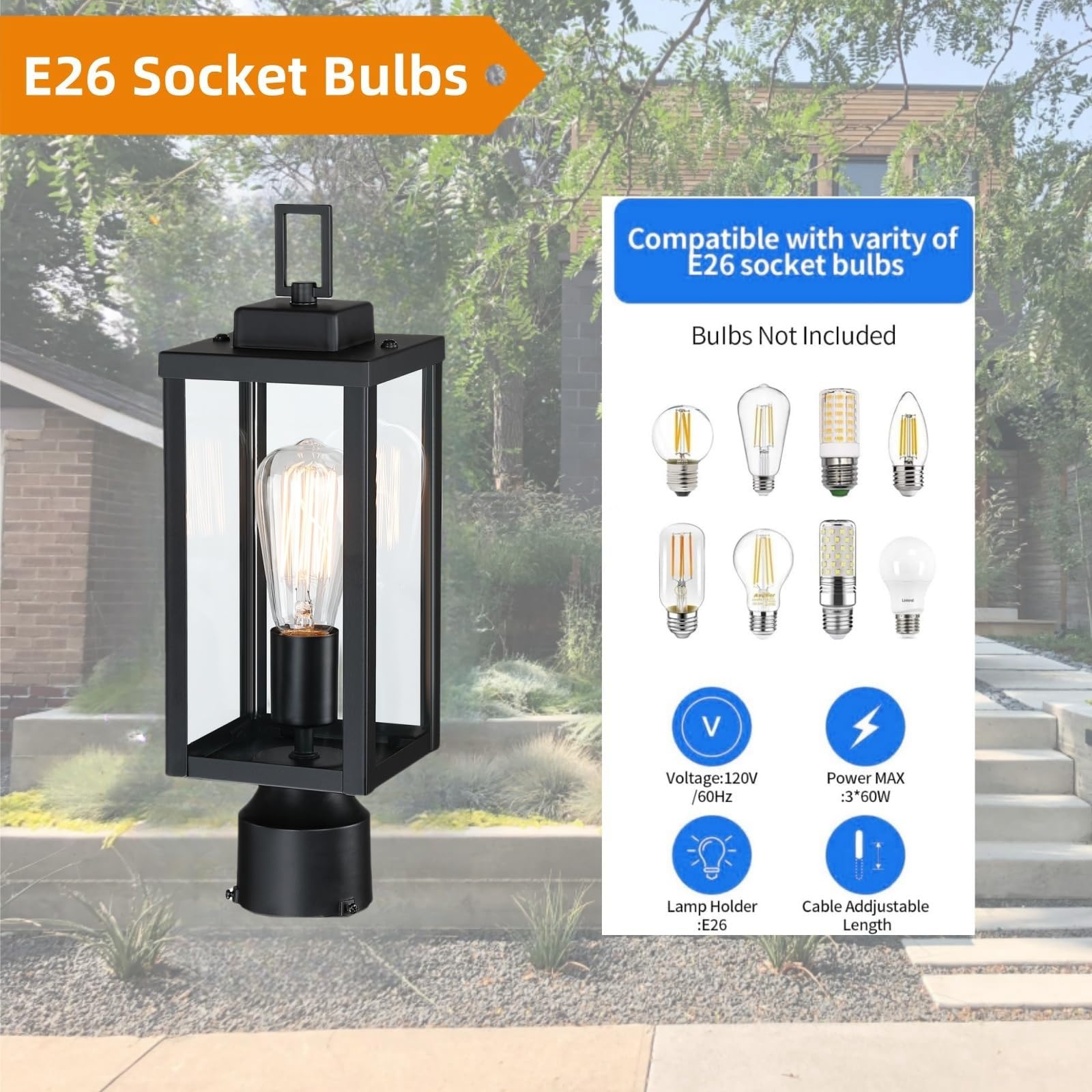Wisbeam Outdoor Post Light, Black Metal Lantern, E26 Base, 16.5&quot; Glass, Etl Qualified