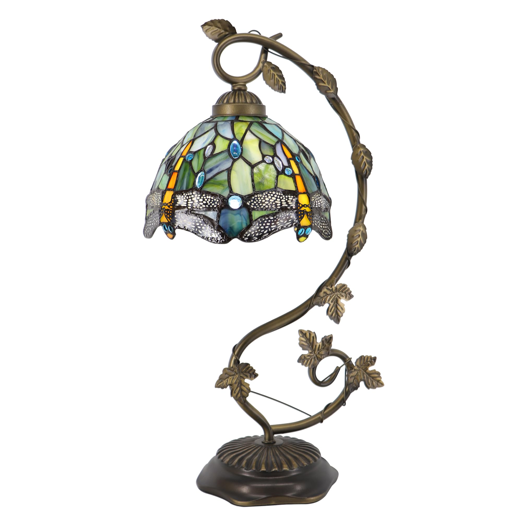 HWDFEI Tiffany Table Lamp, Stained Glass Desk Reading Light,Metal Leaf Table Lamp Base 8X10X21 Inches (Brown Dragonfly)