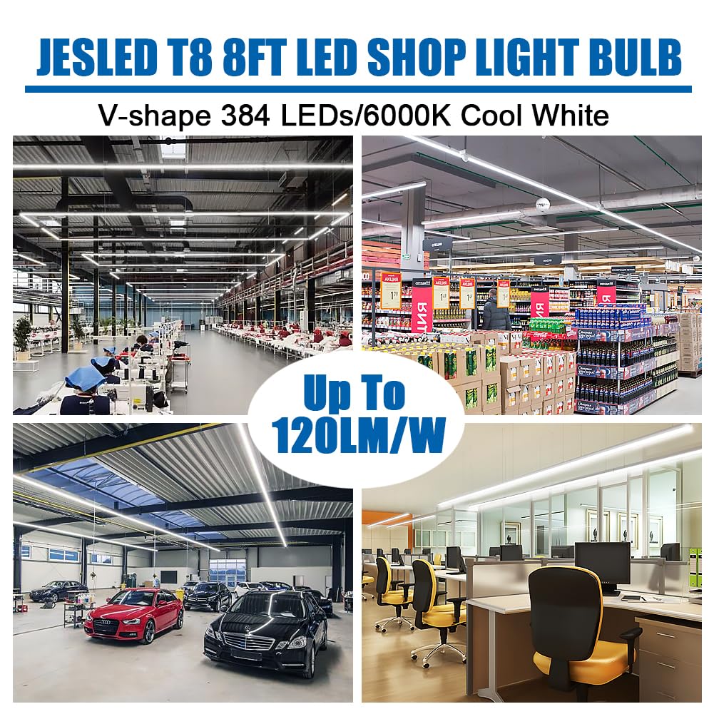 Jesled T8/T10/T12 8Ft Led Tube Light, Single Pin Fa8 Base, 50W 6000Lm 6000K Cool White, Super Bright, 270 Degree V Shaped Led Fl