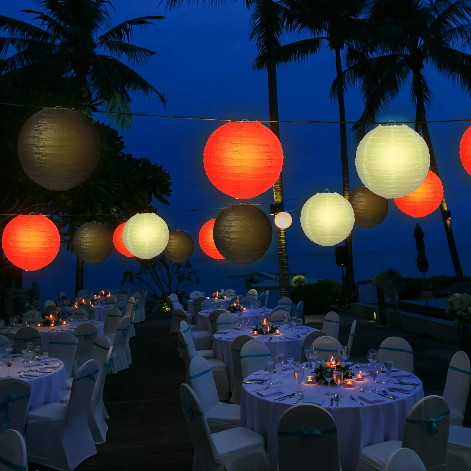 Tenare 12 Pcs Round Paper Lanterns - Black, White, Red - Decorative Hanging For Weddings & Parties