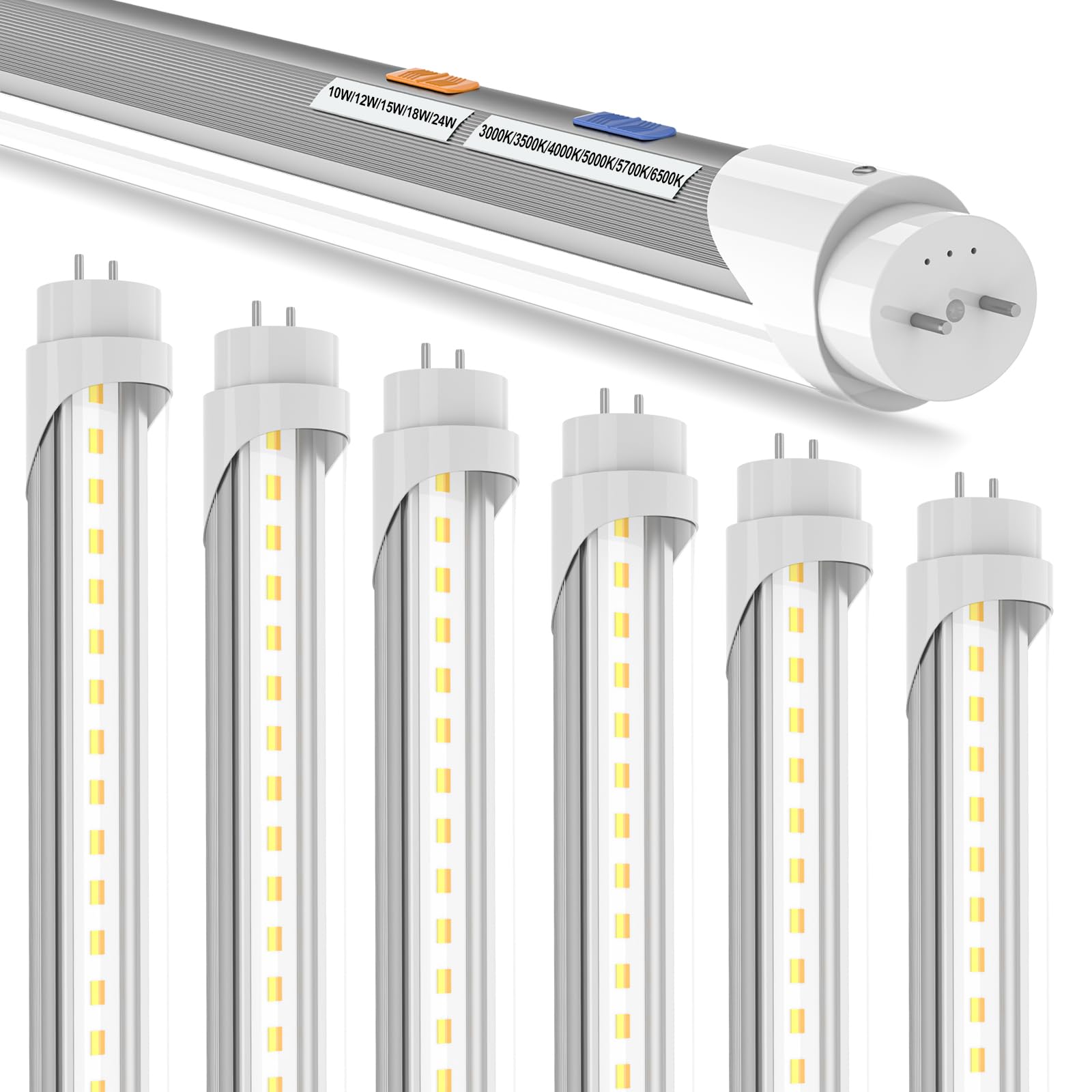 T8 T12 LED Bulbs 4 Foot  4FT Tube Lights Type A+B Bulbs  6CCT 3000K-6500K/5 Power(10W-24W) Selectable  T8/T12 4ft Fluorescent Tube Replacement  Plug and Play or Ballast Bypass  ETL DLC(6 Pack Clear)