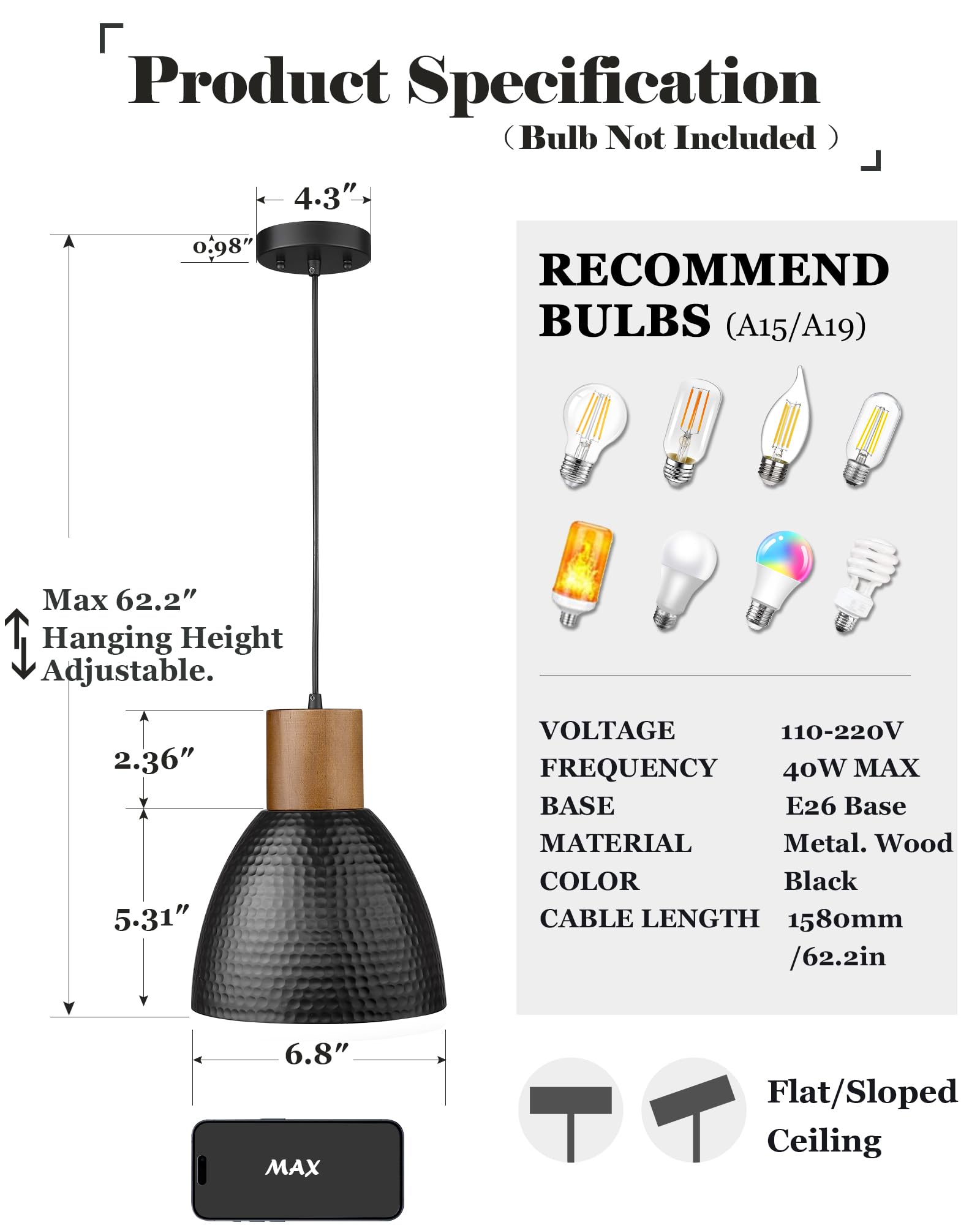 Elyona Industrial Pendant Light - Solid Wood & Hammered Metal Shade - Small Black Farmhouse Fixture