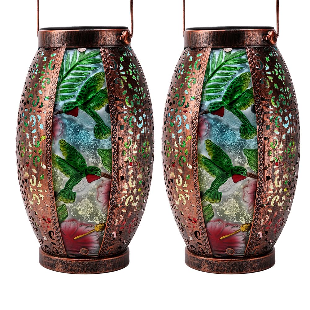 OUISJYER 2PC Solar Lantern Outdoor Waterproof Glass & Metal Garden Decor Gifts for Women Mom Grandma Large Hanging Solar Light T