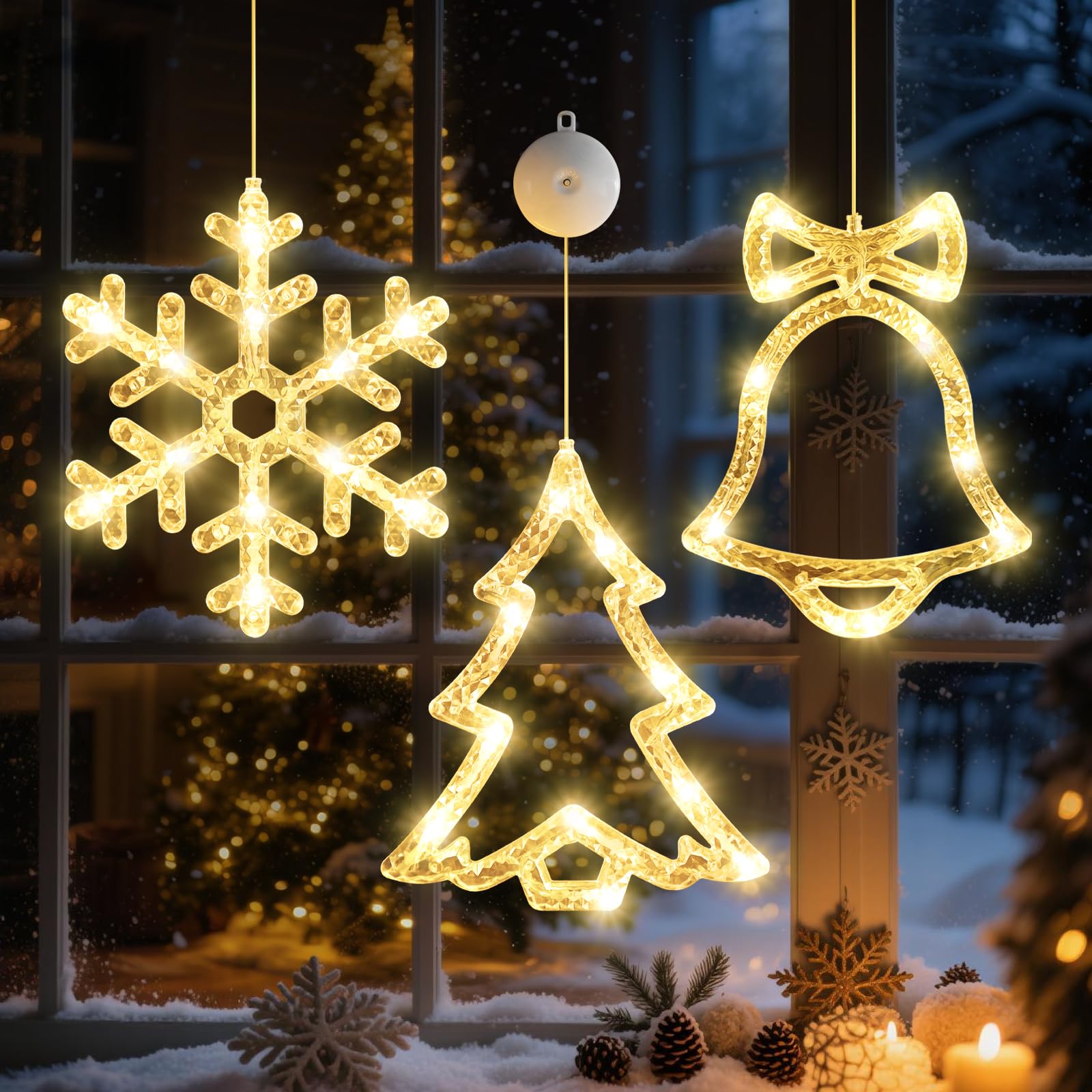 LYUBASA 3Pack Christmas Window Lights Decorations with Timer,Battery Powered Christmas Hanging Warm White Lighted Snowflake Tree