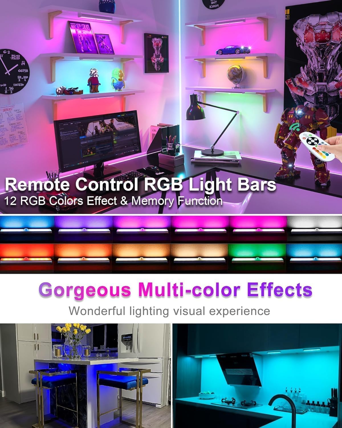Diomart Wireless RGB Under Cabinet Lighting, 58-LED Motion Sensor Night Light, 4 Pack, Rechargeable, Multicolor