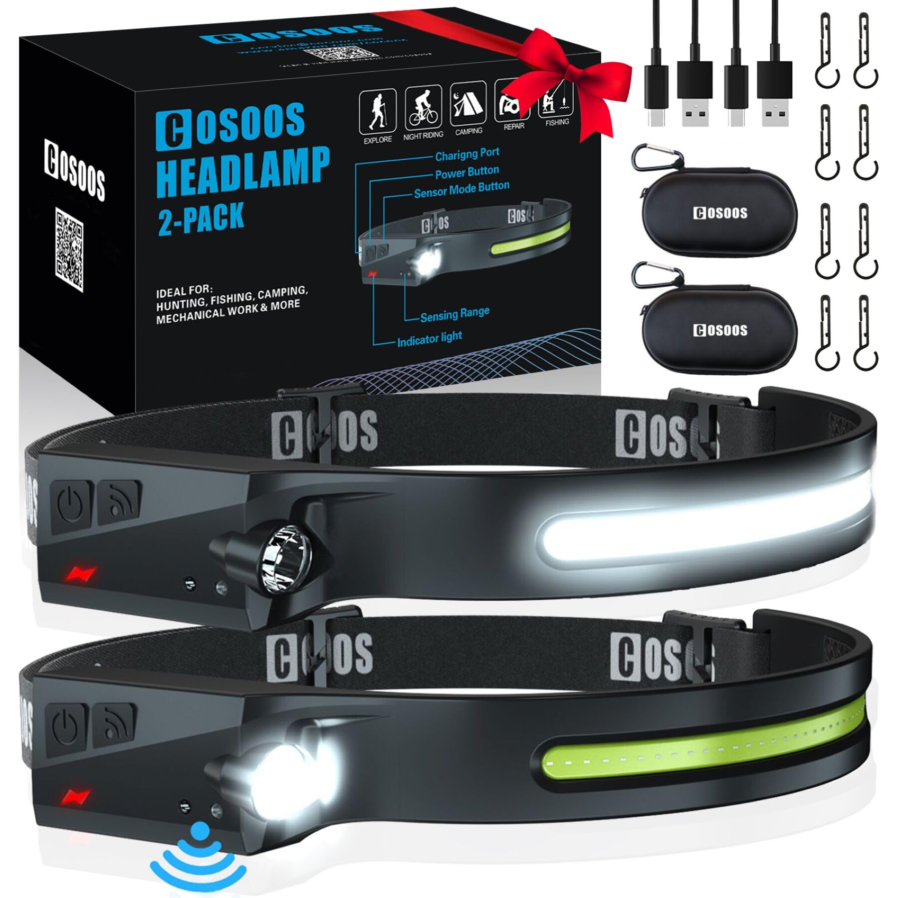 COSOOS Rechargeable Headlamp Flashlight, LED Wide Beam & Spotlight, Lightweight 2.4oz, Model LX200, White Light, Includes Carry Case