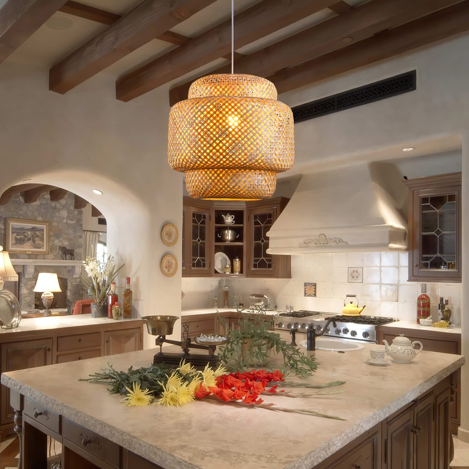 Karjearl Bamboo Pendant Light - Boho Woven Chandelier For Kitchen, Dining & Living Rooms