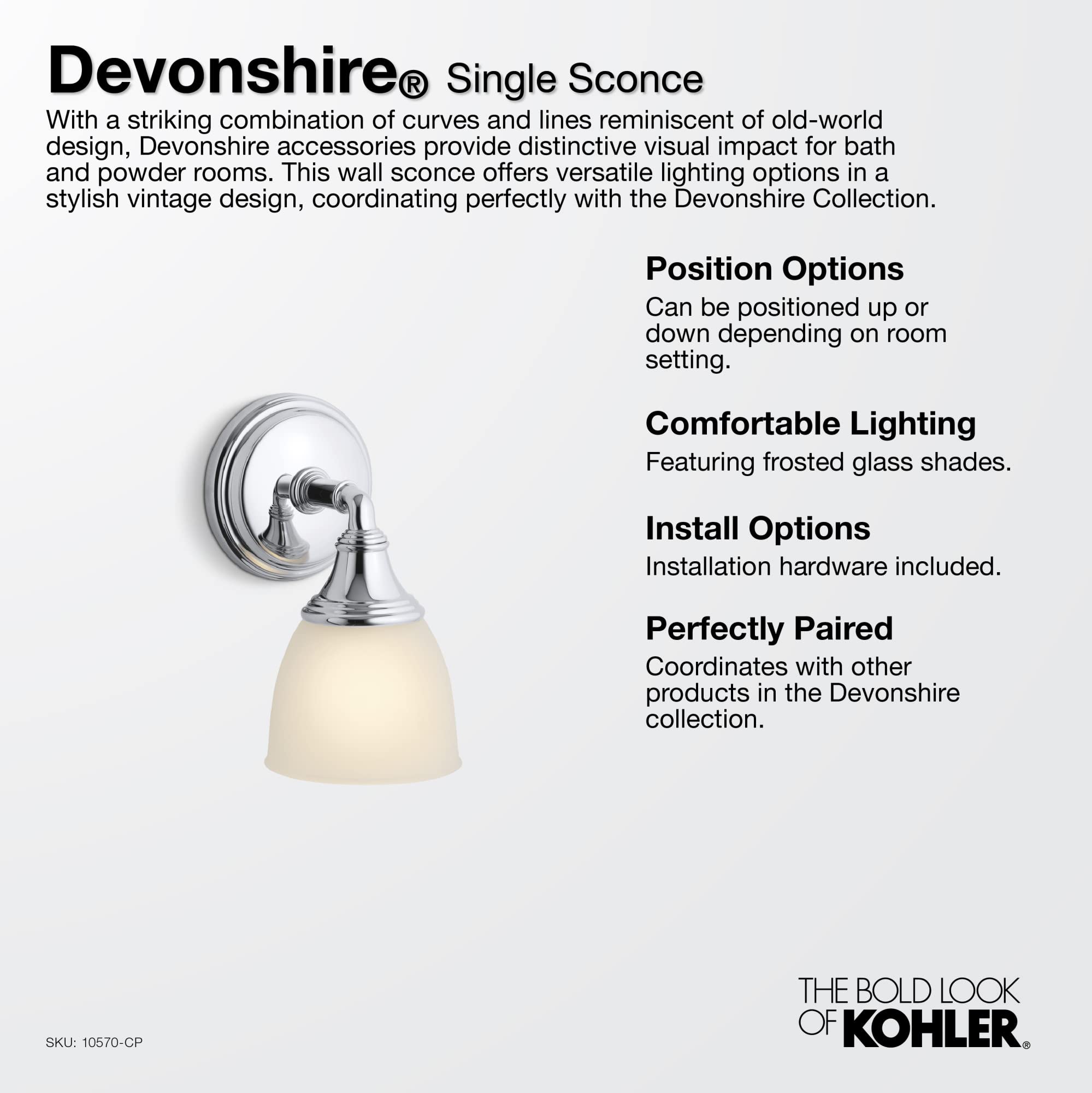 Kohler Devonshire Wall Sconce Light Fixture, 1 Light, Brushed Moderne Brass, Model 10570-2GL, UL Listed, Up/Down Position