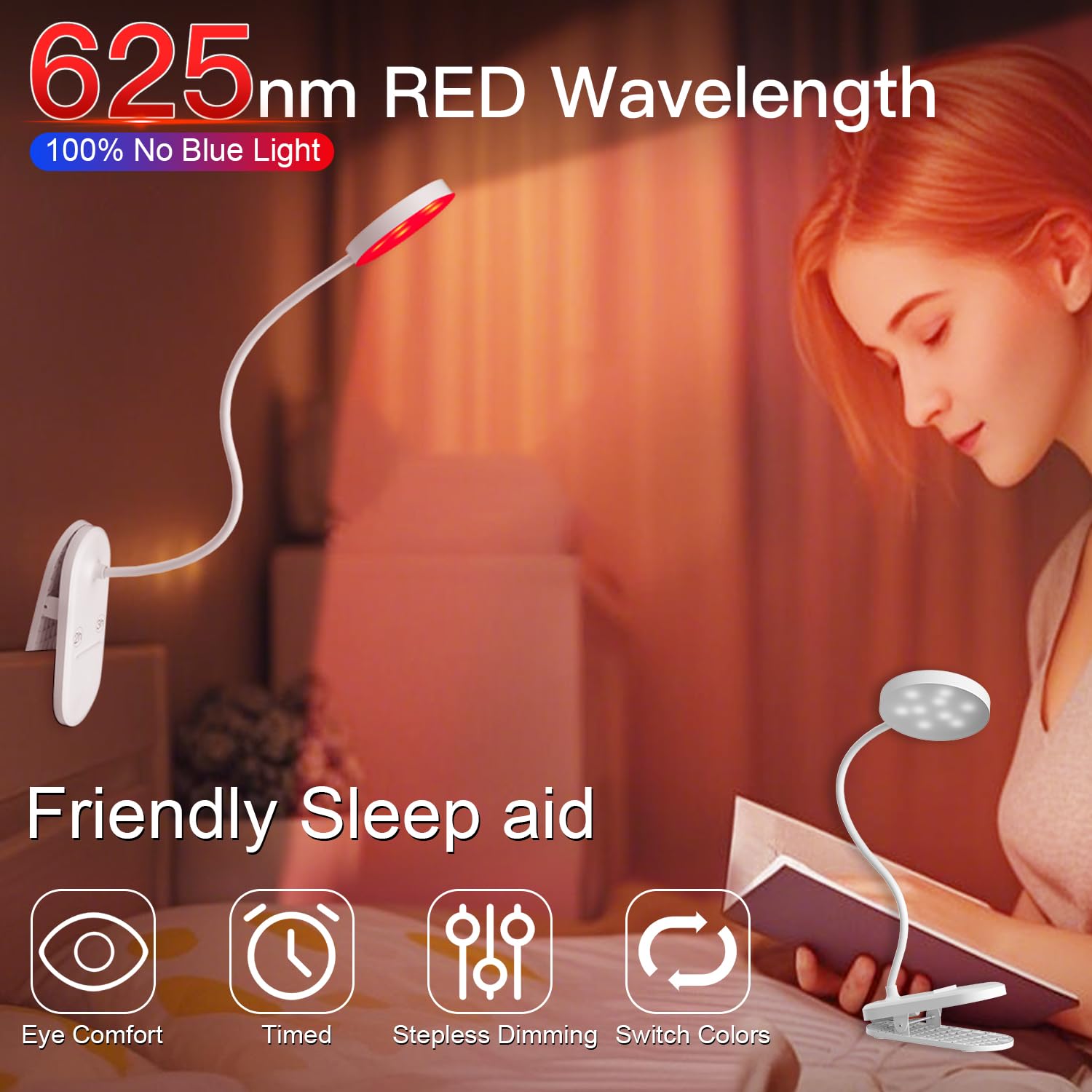 Haigvel 2 Color Red Book Light, 630Nm Clip-On Red Night Light For Sleep & Reading, Rechargeable Desk Lamp With Adjustable Bright