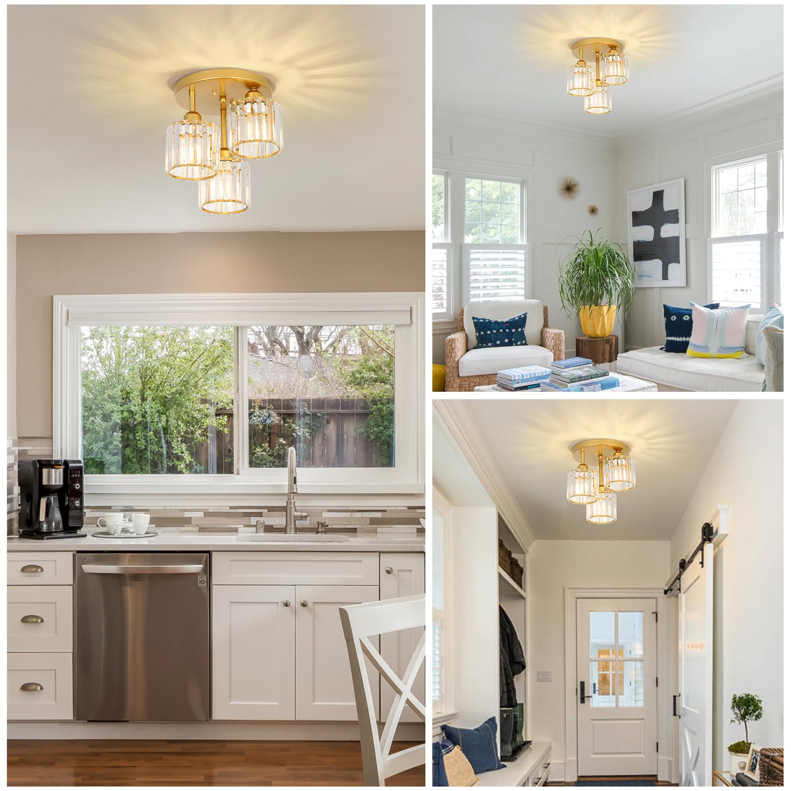 Pauful Modern Semi Flush Mount Ceiling Light,3-Light Golden Crystal Close To Ceiling Light Fixtures,Kitchen Light Fixtures With