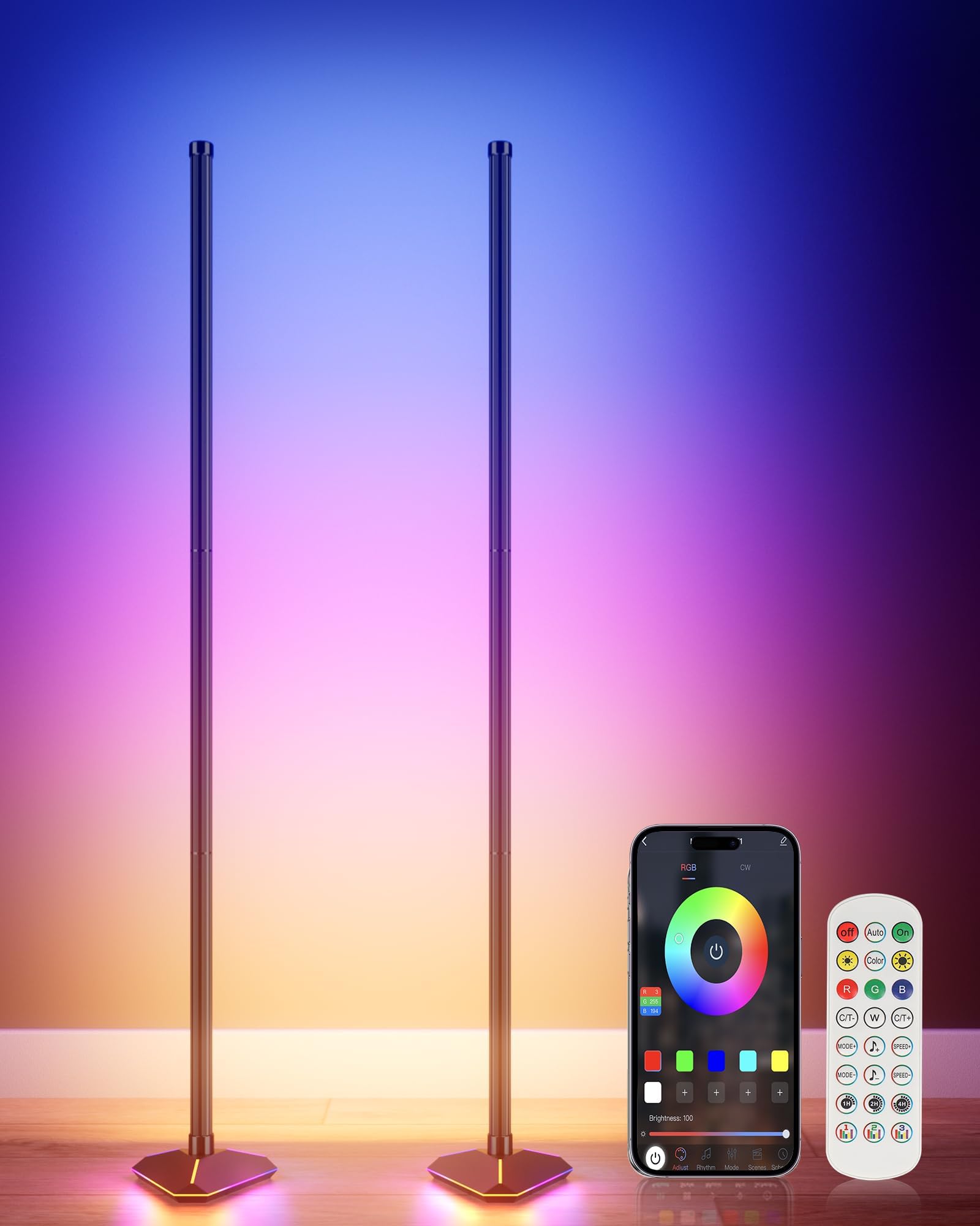 Yikbik 2Pcs Floor Lamp With Illuminate Base, 50'' Rgb+Ic Cool White Led Floor Lamp Color Changing 24V With Music Sync 16 Million